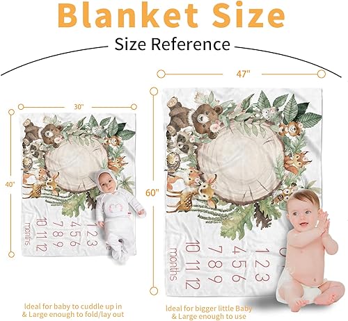 Miniatura 7 de Manta de hito mensual personalizada para bebé, nombre personalizado con diseño de animales del bosque, fondo de fotografía, manta de felpa suave con
