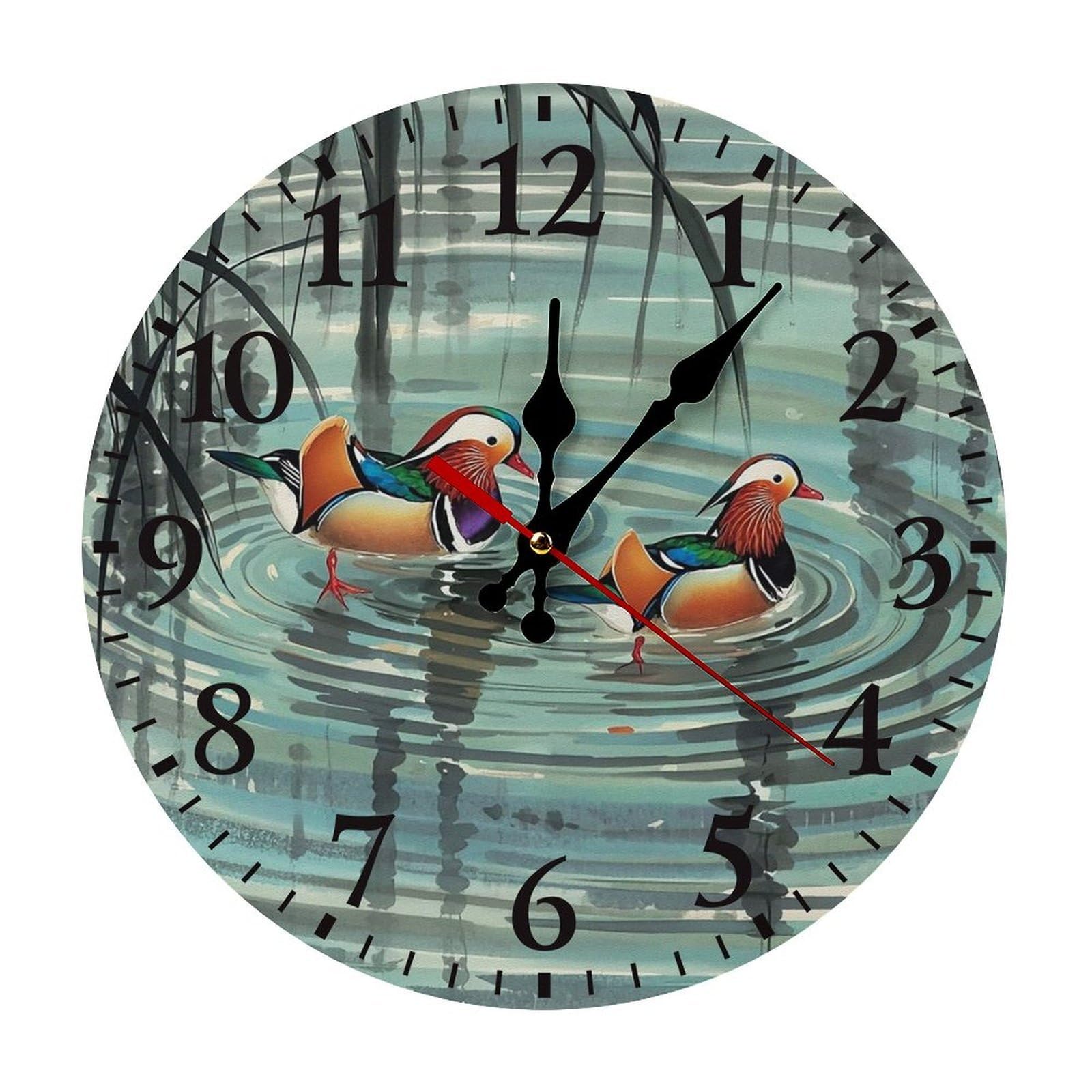 Horloge murale ronde noire canards mandarins : pendule silencieuse de cuisine 30 x 30 cm