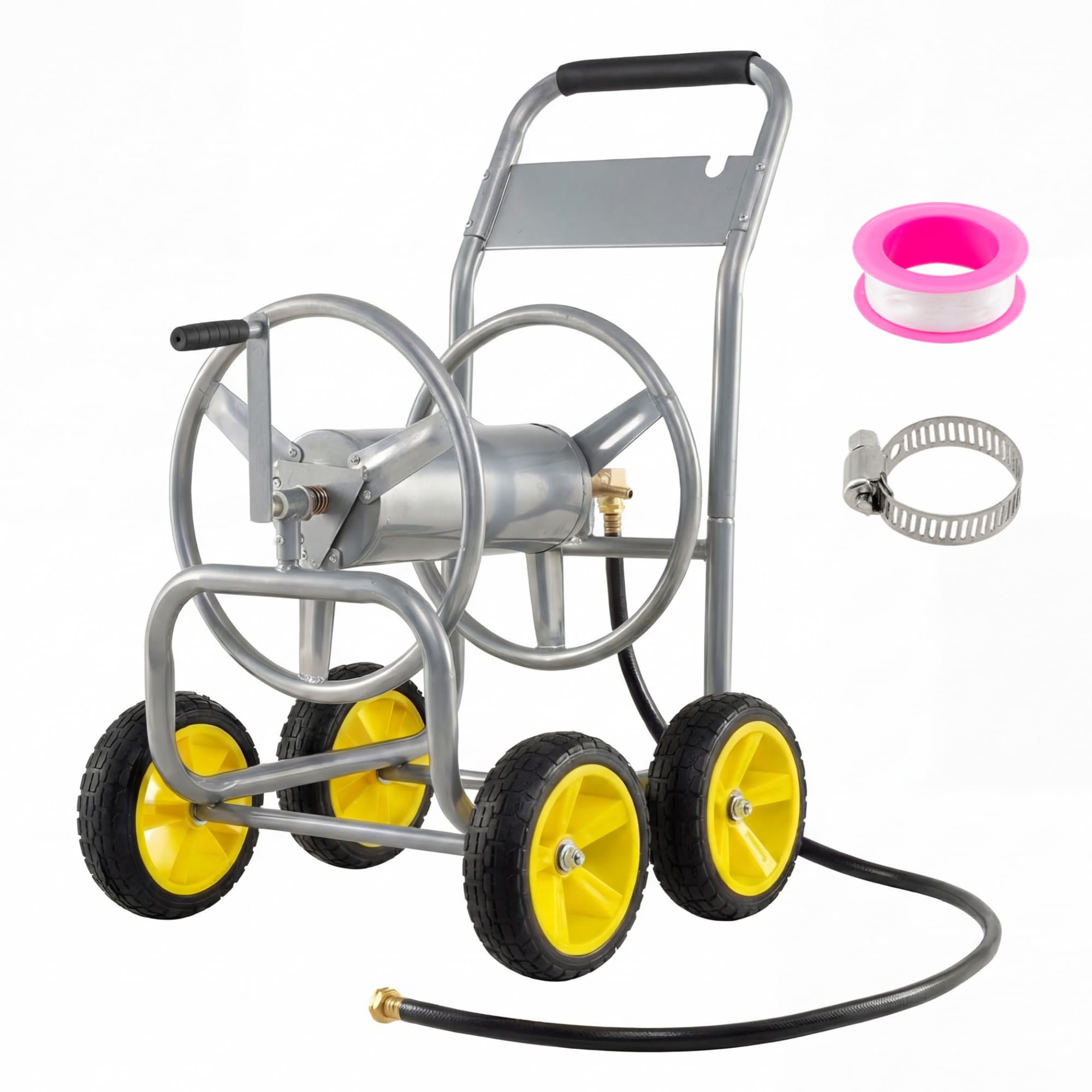 GiantexUK Garden Hose Reel Cart, Heavy-Duty Metal Hose Pipe Trolley with 4 Wheels & Padded Handle, Holds 100m of 16mm/ 120m of 13mm Hose, Portable Hose Organizer for Outdoor Lawn Yard (Silver)