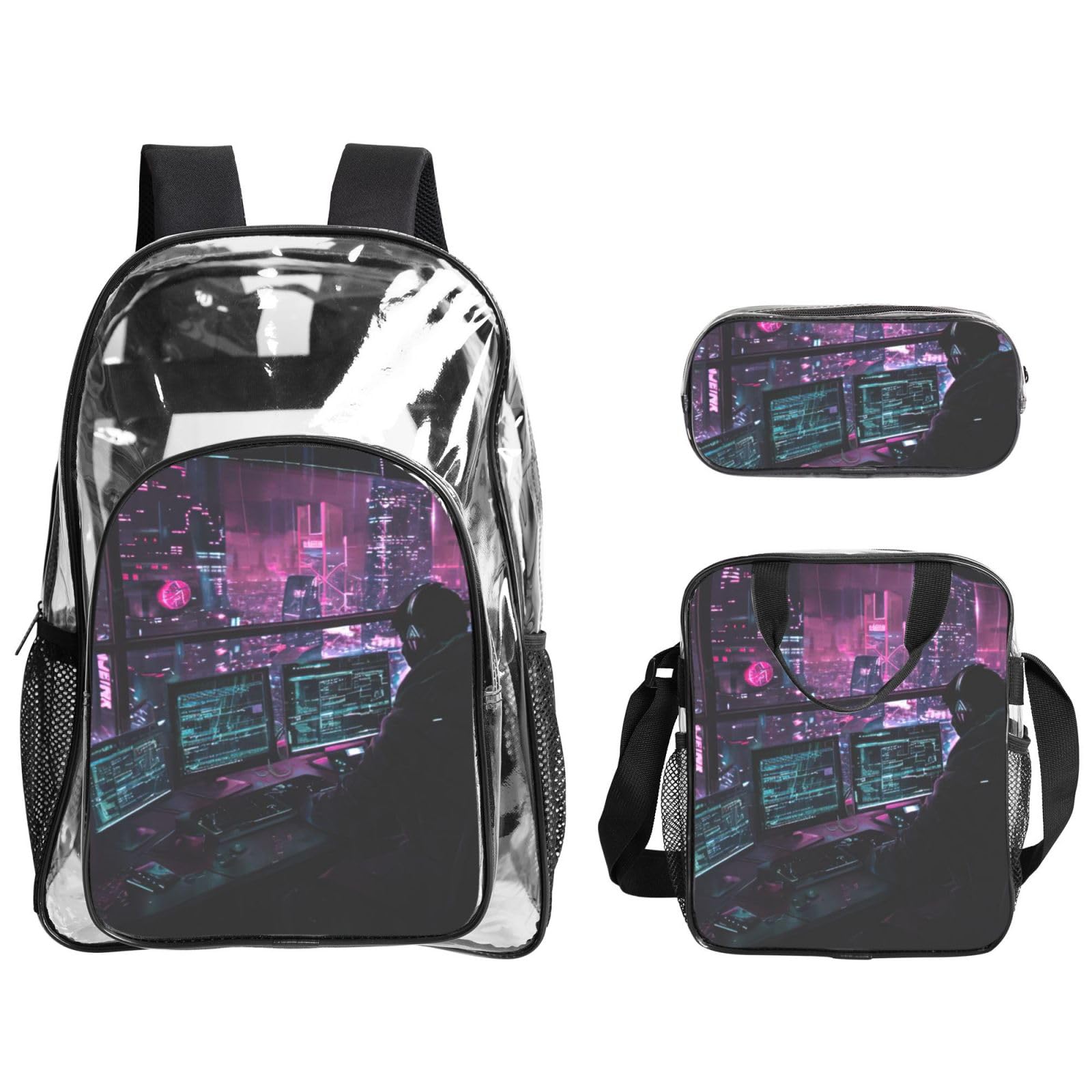 Hacker Era Print 3-teiliges transparentes Rucksack-Set für Reisen, Outdoor-Abenteuer, Urlaub, transparente Tasche