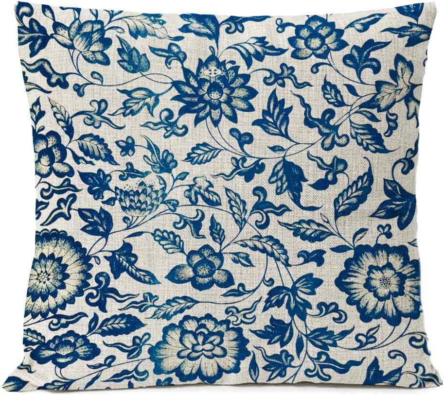 Blue Flowers Pillow Covers 20x20 inchs Set of 4 Leaf Floral Linen Pillow Cover Home Decorative Sofa Leaves Vintage Pillow Cases Cushion Cover