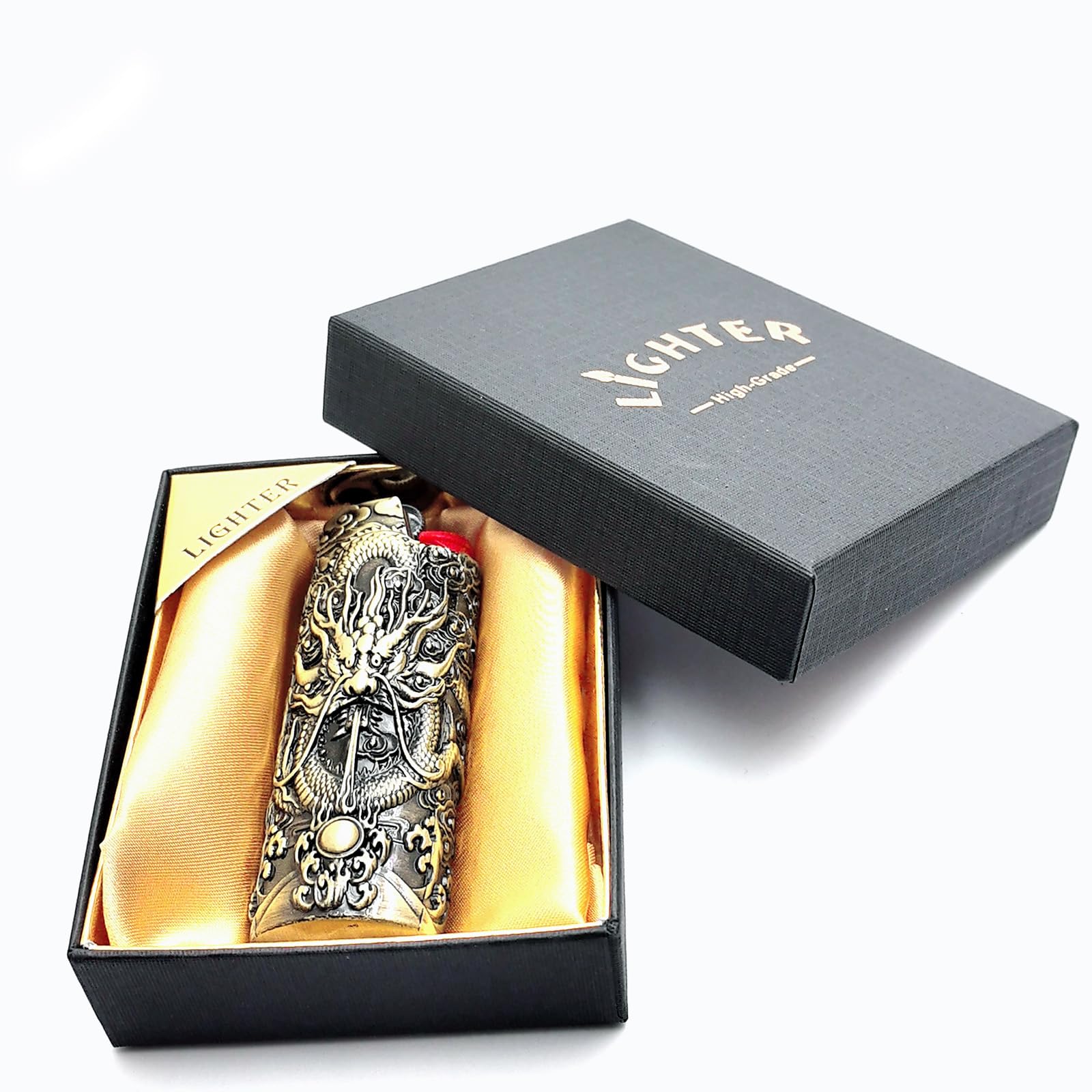 Gift for Men Him Her Husband Dad Metal Vintage Dragon and Bead Double Sided Engraving Pattern Design Lighter Pouch Case Cover Holder Sleeve for BIC Full Size Classic Lighter J6-image-25