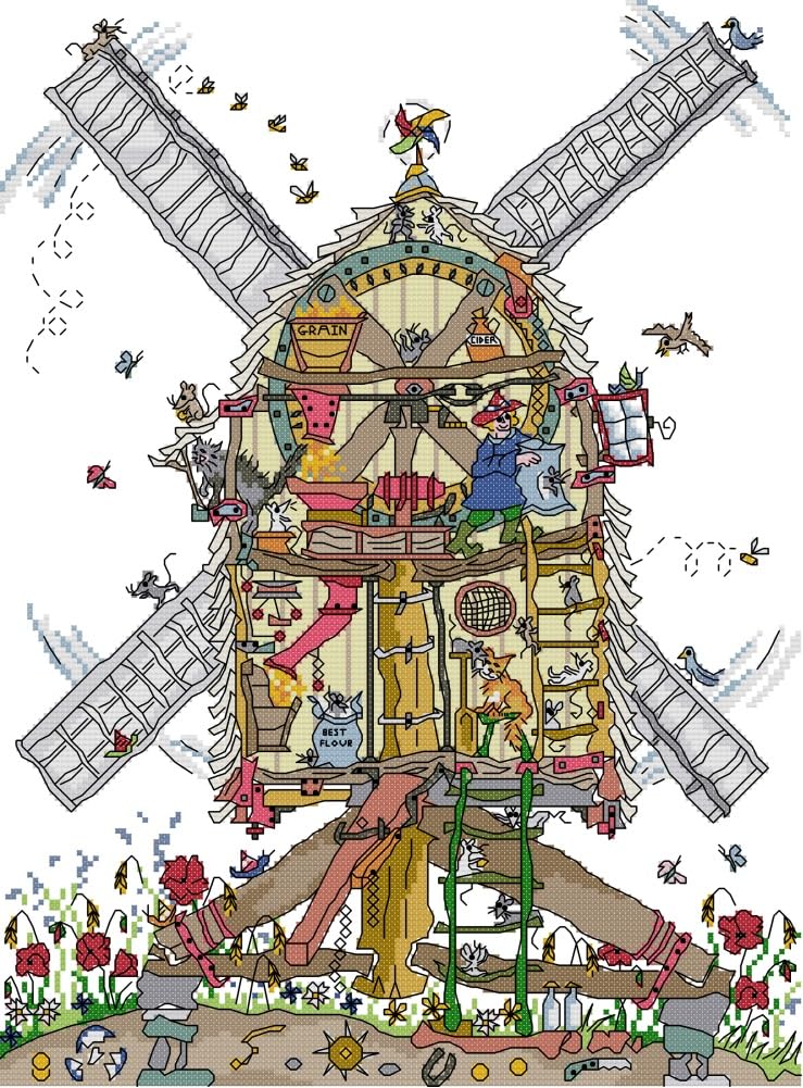 Awesocrafts Pinwheel Cross Stitch Stamped Kits Windmill Farmhouse Mouse Easy Patterns Cross Stitching Embroidery Needlework Kit Supplies 14Ct 2 Strands