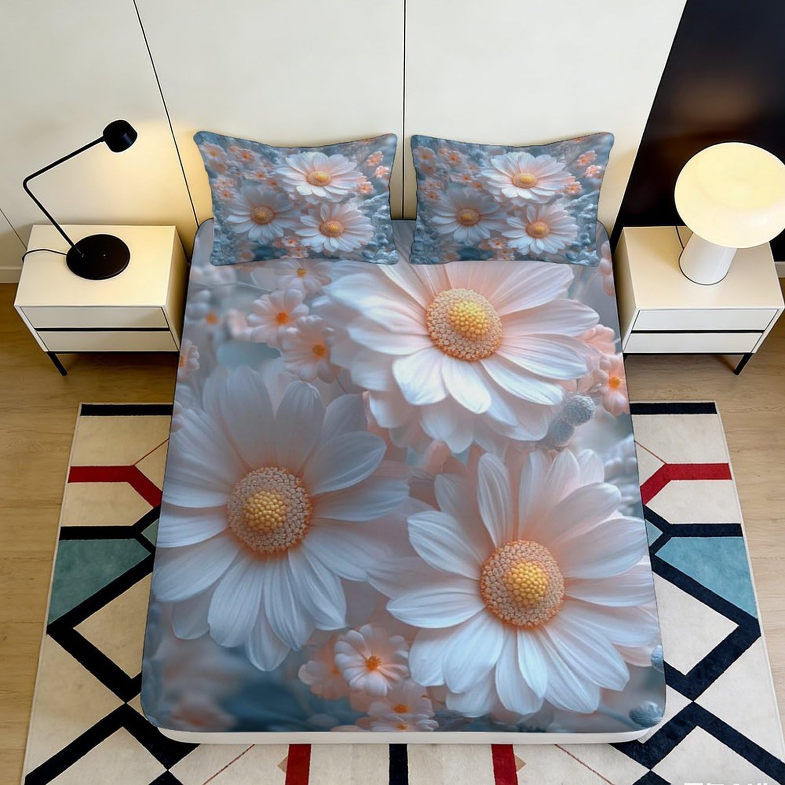 3D Printed White Daisy Fitted Sheet Microfiber Soft Breathable Pastel Floral Bed Cover for Bedroom Dorm Mattress Protection Decor 90x200x25cm
