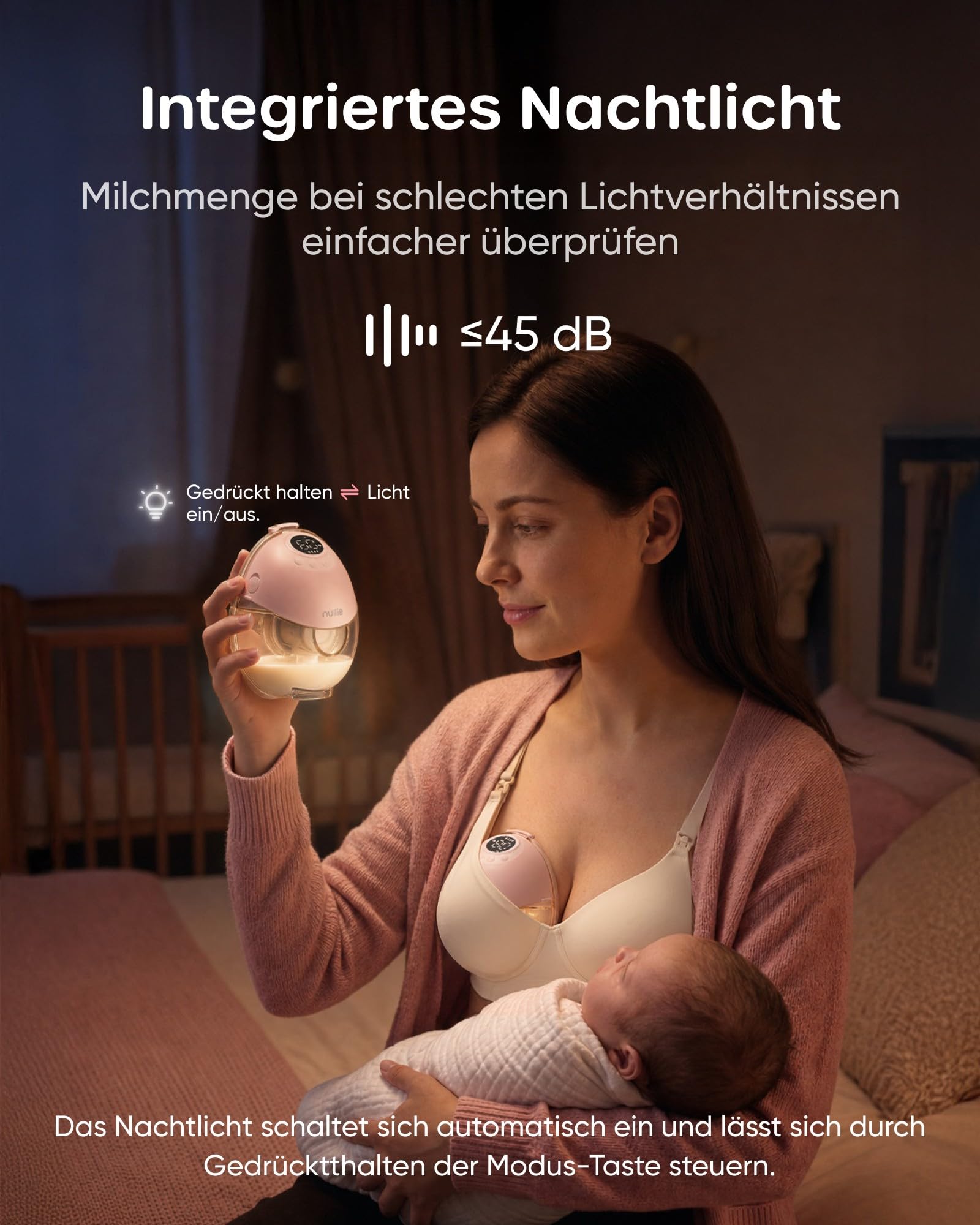 Nuliie JoyFlow Pro Tire-lait portable mains libres avec veilleuse & collecteur PPSU sans BPA, tire-lait électrique avec 4 modes & 12 niveaux, téterelle 24 mm, inserts 17/19/21 mm, lot de 1 Rose