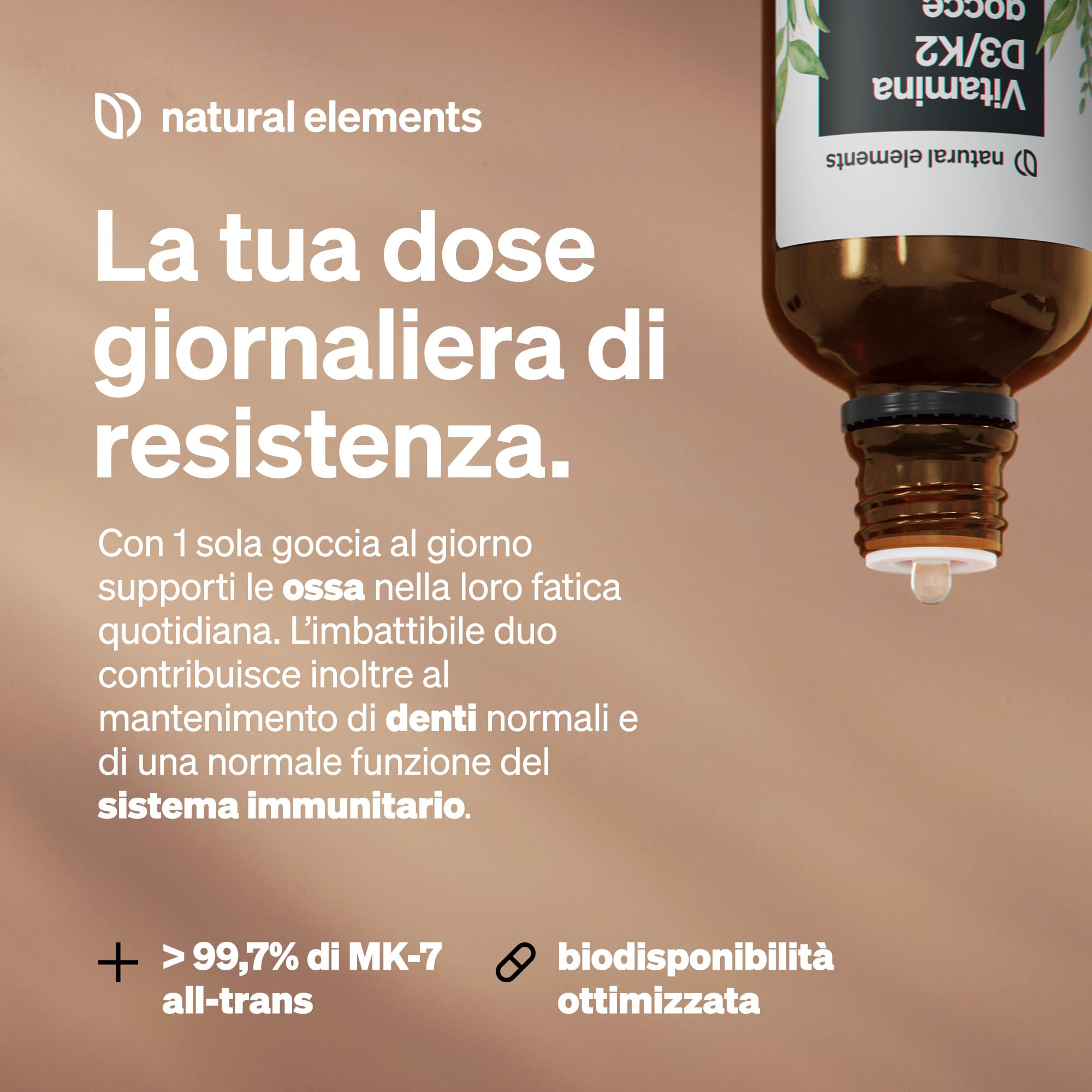 Vitamina D3 + K2 in gocce da 50 ml – Premium: minimo 99,7% all-trans (K2VITAL® di Kappa) + D3 ad alta biodisponibilità – natural elements – Integratore Vitamin D – alto dosaggio, liquida
