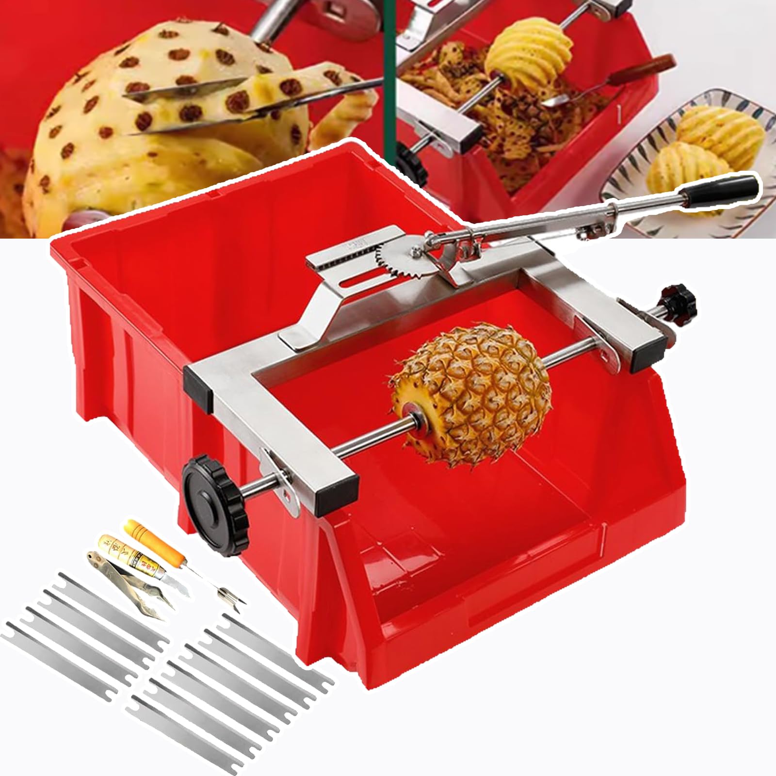 Éplucheur D'ananas en Acier Inoxydable, avec 10 Lames, Réglage À Double Levier/économie D'effort Rapide, Espacement Réglable : 30-36 Cm, pour Le Restaurant (35 Cm X 50 Cm X 19 Cm),Red