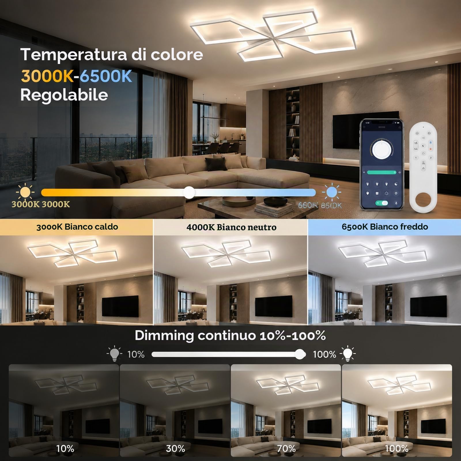 OTREN Plafoniera LED Soffitto Dimmerabile, Lampadario Camera da Letto 78CM | Timer e Funzione Memoria, Moderno per Soggiorno Cucina Sala da Pranzo, Bianco, 72W