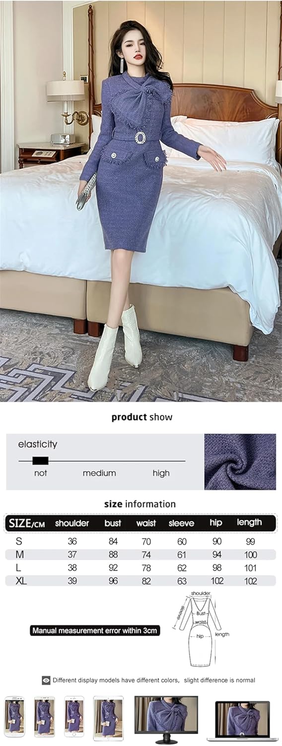 Women Commute Sweet Long Sleeve Slim Formal Vestidos Tweed Vintage Classic Pencil Dress
