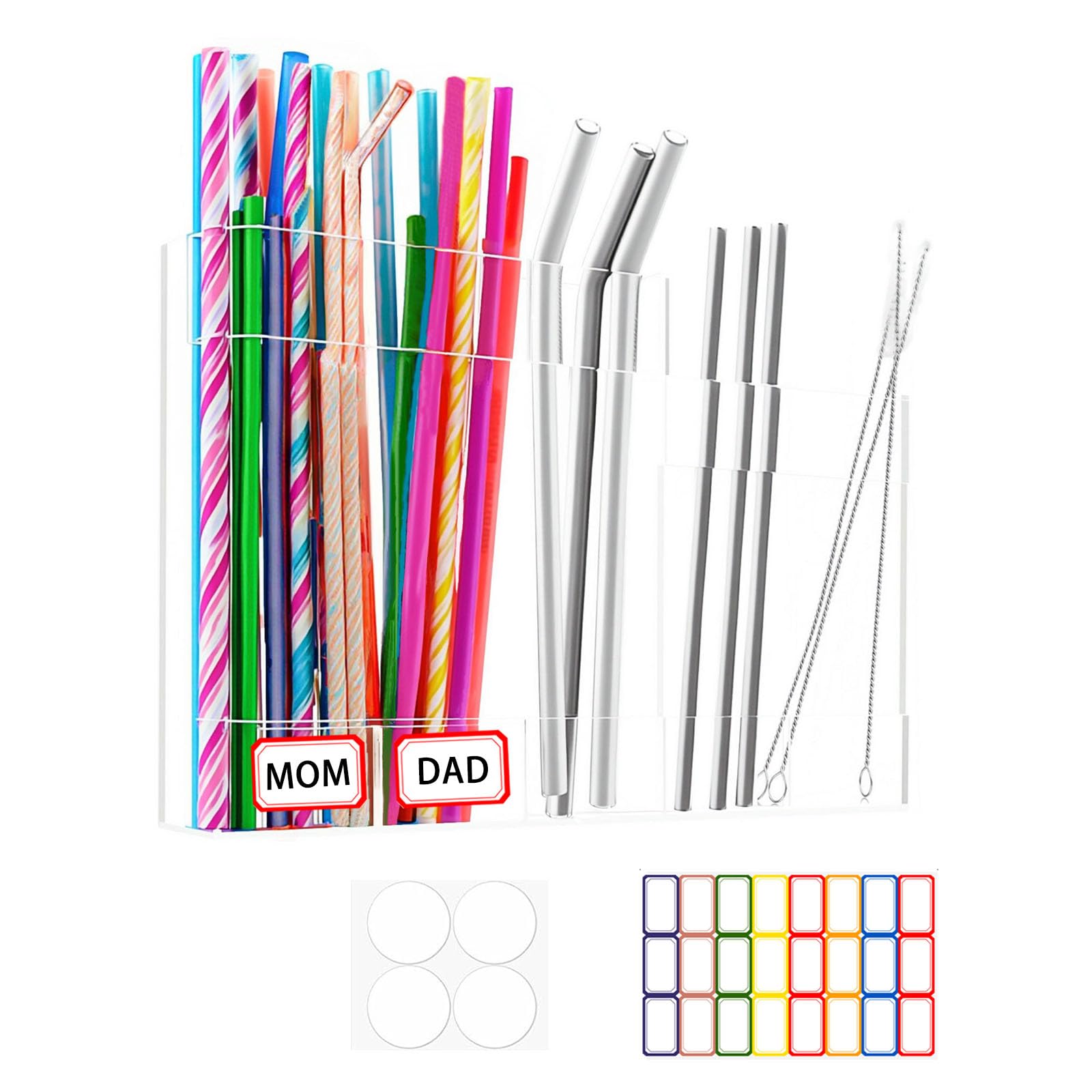 Acrylic Straw Holder, Reusable Straw Dispenser Container with Double Sided Adhesive Tape and 24 Labels,Compatible with Long & Short Straws Organizer Storage Suitable for Cabinet Kitchen Countertops