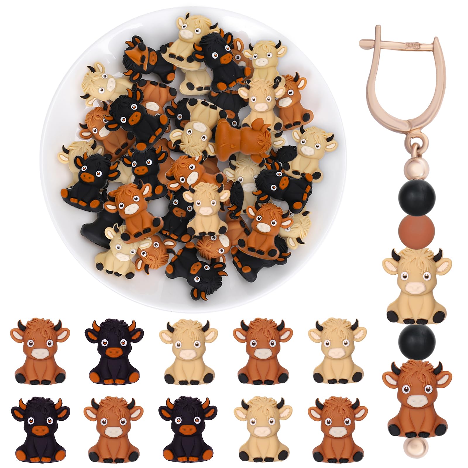 GlamRays 76-teiliges DIY Set Mit Highland Cow Silikonperlen – Tierperlen Für Armbänder, Schlüsselanhänger