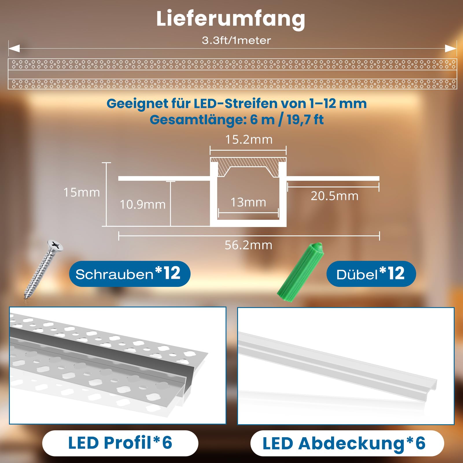 Aluminiowy profil LED, zestaw 6 sztuk, po 1 m (3,3 ft), profil montażowy do szpachlowania do taśm LED, profil montażowy do płyt kartonowo-gipsowych do oświetlenia liniowego z podwójnie
