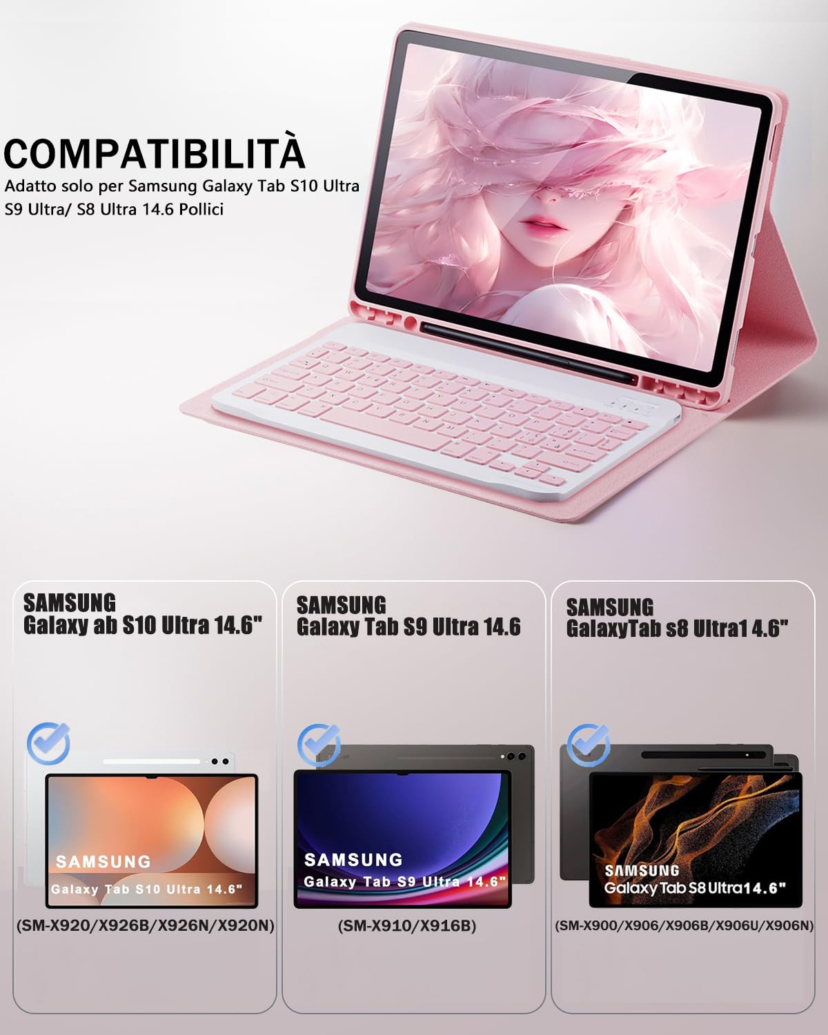 Cover Per Samsung Galaxy Tab S10 Ultra/S9 Ultra/S8 Ultra 14.6 Pollici con Bluetooth Wireless Italiano tastiera (QWERTY) e Mouse Coperchio Protettivo con Scanalatura Portapenna Keyboard Case Rosa