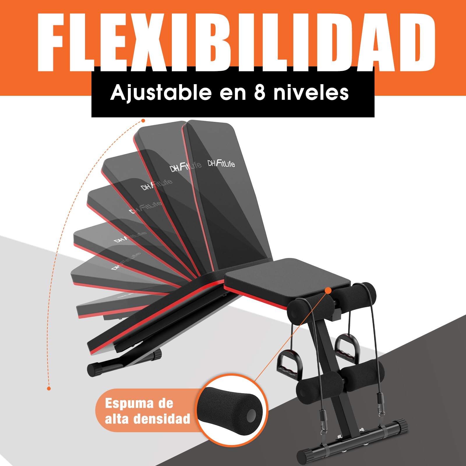 DH FitLife Banco de Pesas Plegable 8 en 1 | Banco de Entrenamiento para Cuerpo Completo en Casa | Banco Ajustable y Inclinado, Entrenador de Abdominales para el Gimnasio en Casa