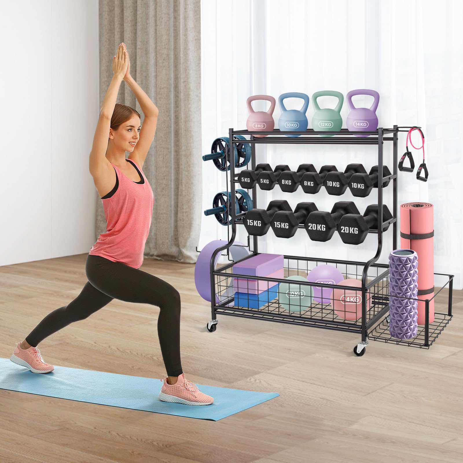 Support d'haltères, Support de Rangement 102x 39.5x84CM Avec Crochets Roues | Multifonctionnel, Grande capacité pour Kettlebell, Tapis de Yoga, Equipement d'Entraînement