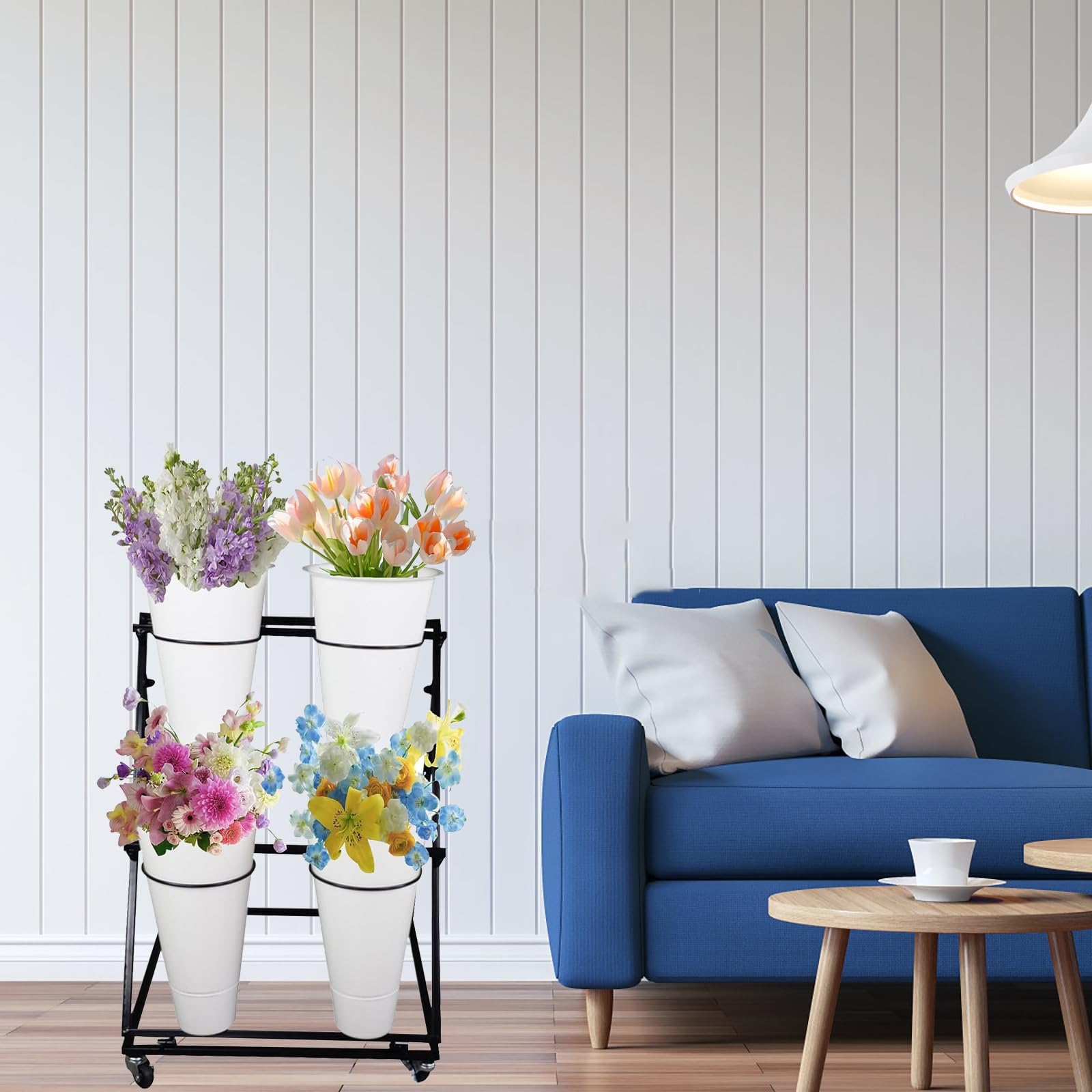 Présentoir de Fleurs avec roulettes, étagère à Bouquets Portable for Jardin, Balcon et événements en Plein air(2 Tier 4 White Bucket)