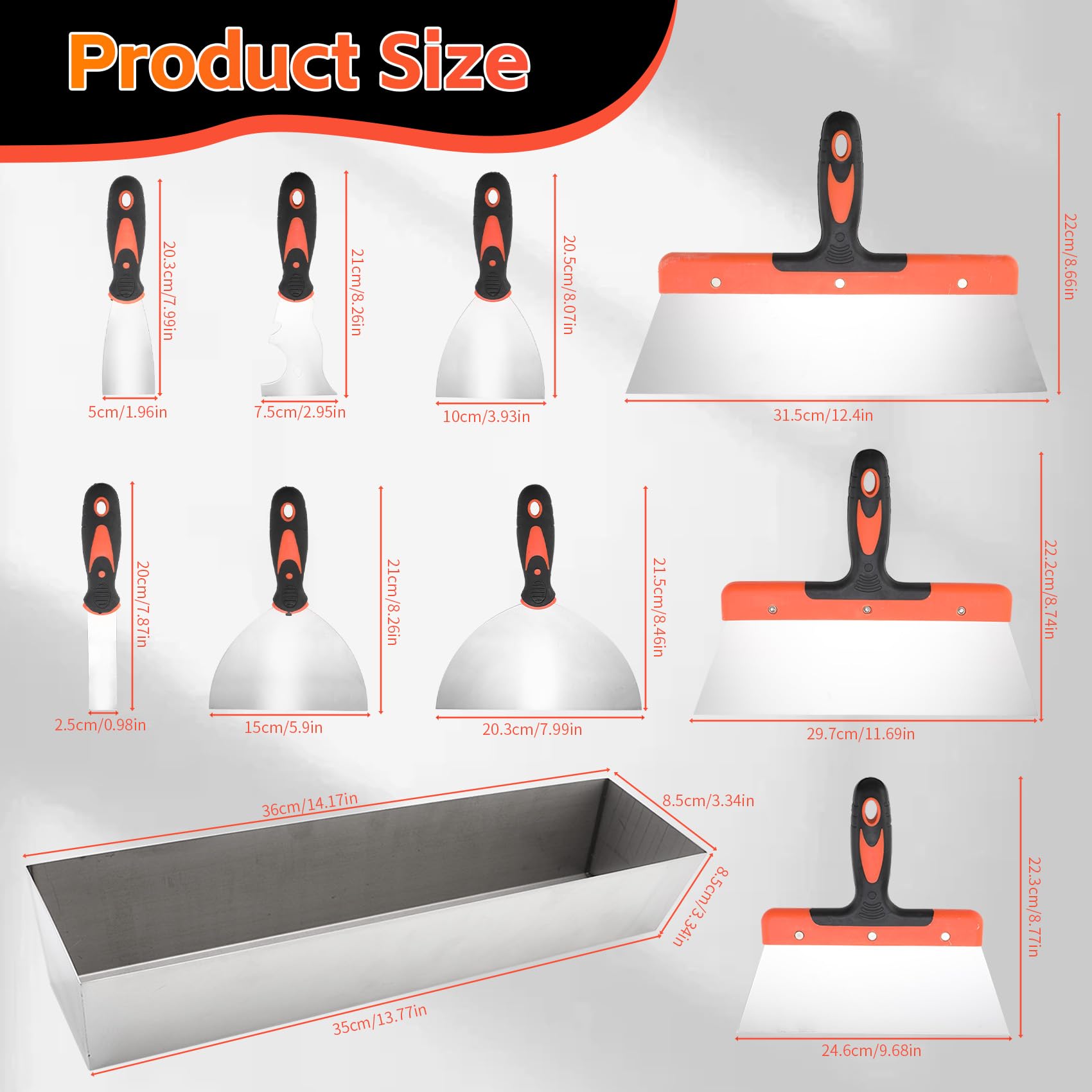 Set di coltelli per cartongesso, 10 pezzi in acciaio inox, kit di utensili manuali per cartongesso, include coltello per stucco, coltello per nastratura, raschietto per pittore e padella per