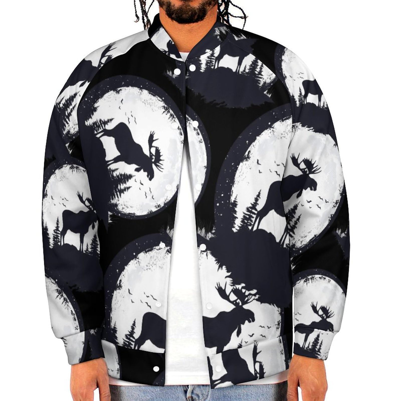 Full Moon Moose Jacket Baseball Uniform Casual Bomber Windbreaker Zip Up Coat for Men