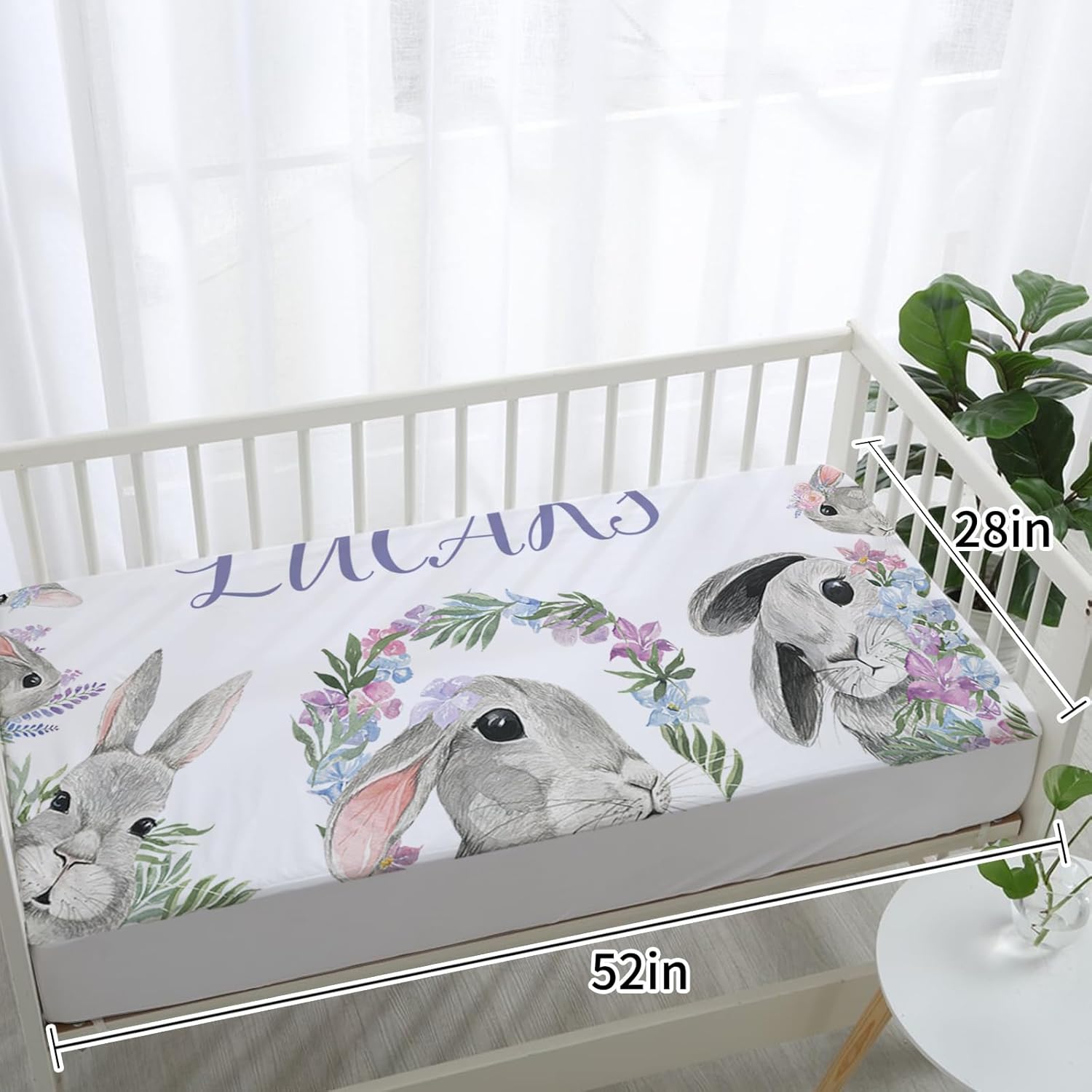 Custom Crib Bedding Set – Personalized Name Bunny Baby Bedding 5-Piece Set with Soft Blanket, Fitted Sheet, Changing Pad Cover, Rug and Wall Art – Adorable Gray Rabbit Nursery Decor for Newborn Girls