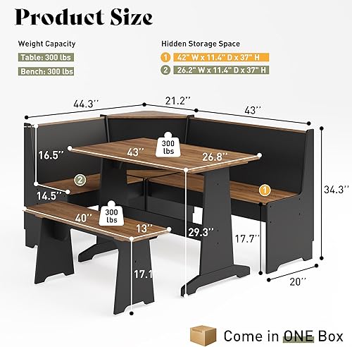 Miniatura 2 de AMERLIFE Juego de comedor de 3 piezas, banco de esquina en forma de L con almacenamiento oculto, juego de mesa de cocina que ahorra espacio