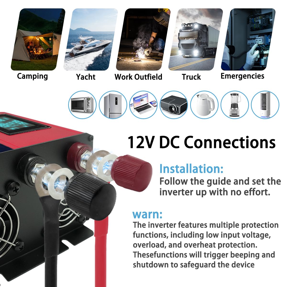 TLIONKI 2300W Pure Sine Wave Inverter, DC 12V to AC 110V/120V Power Inverter with 5 AC Outlets, LCD Display,4600W Peak 12 Volt Converter, Suitable for RV, Camping, Home & Emergency