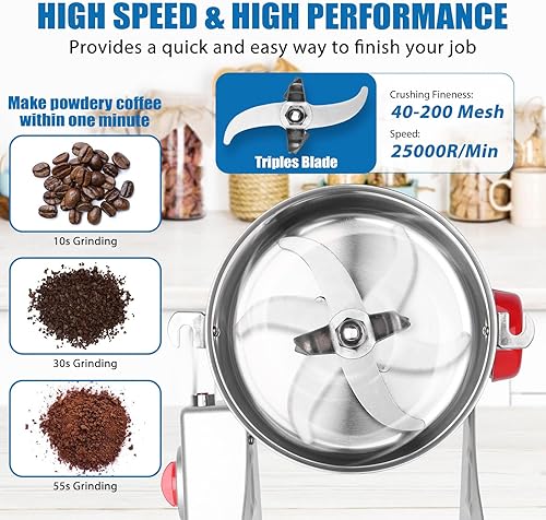 Miniatura 5 de Molinillo eléctrico de grano, molino de grano de acero inoxidable de 28.22 oz, Máquina moledora comercial de alta velocidad de 2400 W, Pulverizador