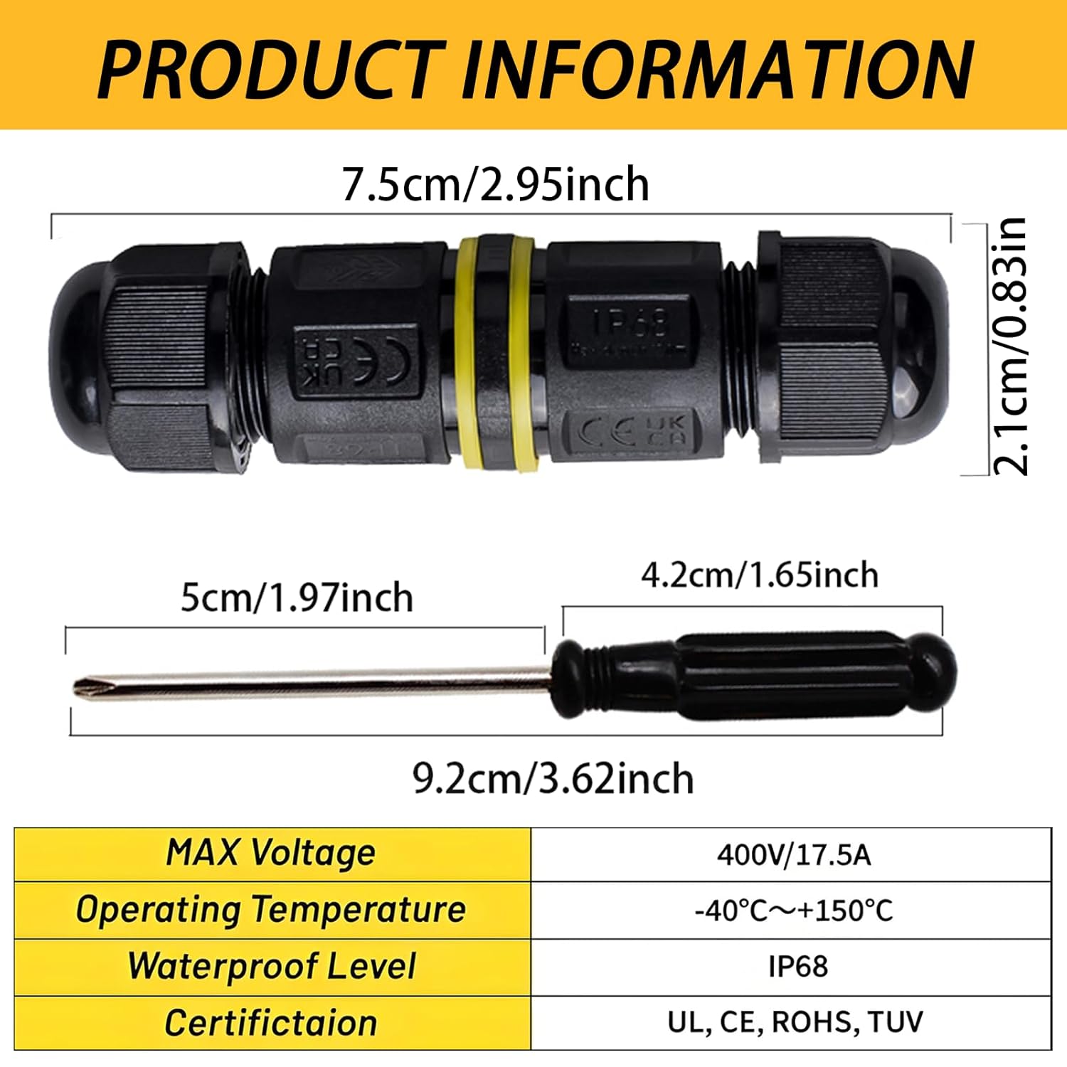 Unction Box Electrical Cable Connector,Rated Output IEC/NSW:17.5A 450VAC ETL:10A 300VAC,IP Code IP68,Terminal 2P/3P,Fire and Flame Retardant,Available Cable Diameter 5-9mm 3pcs