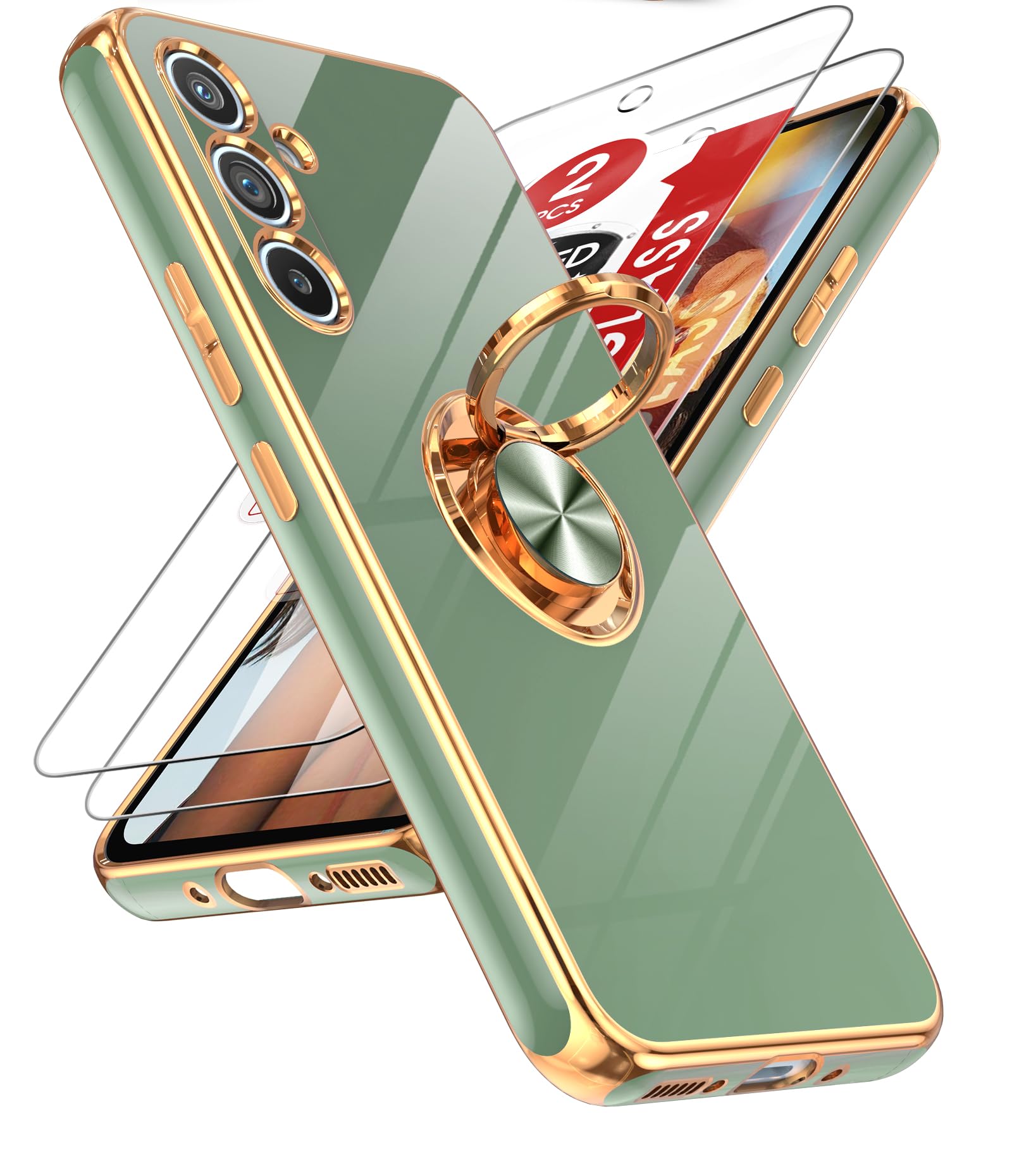 LeYi for Samsung A54 5G Phone Case: with Tempered Glass Screen Protector [2 Pack] 360° Rotatable Ring Holder Magnetic Kickstand, Plating Rose Gold Edge for Samsung A54 5G Phone Case, L-Green