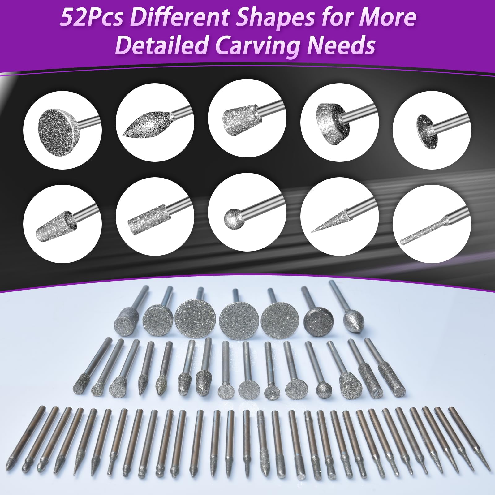 Diamond Grinding Bit Set 52Pcs, Diamond Burr Bits Compatible with Dremel - Image 2