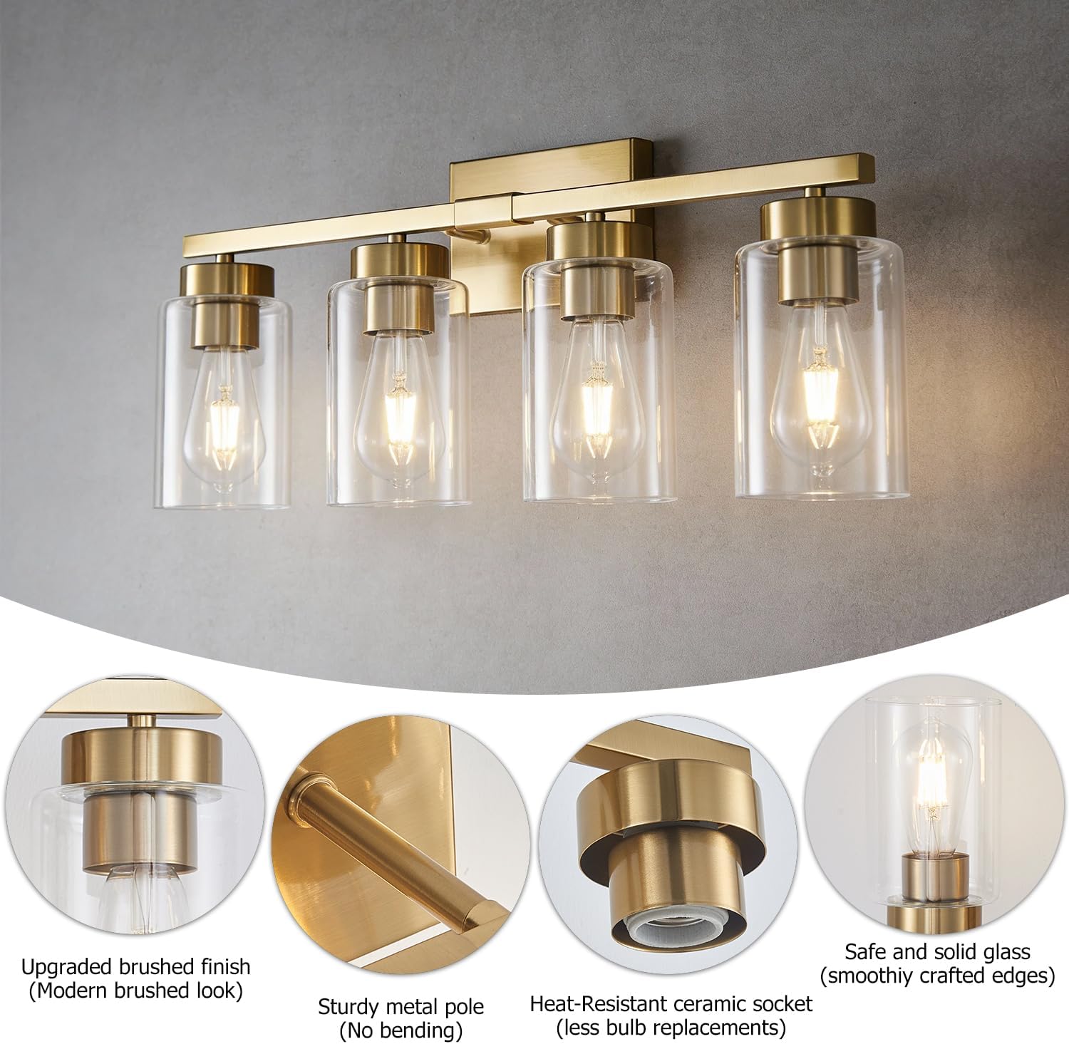4-Light Bathroom Light Fixtures, Gold Modern Vanity Lights Over Mirror, Bathroom Wall Sconces with Clear Glass Shade for Living Room Bedroom Hallway Cabinet Porch