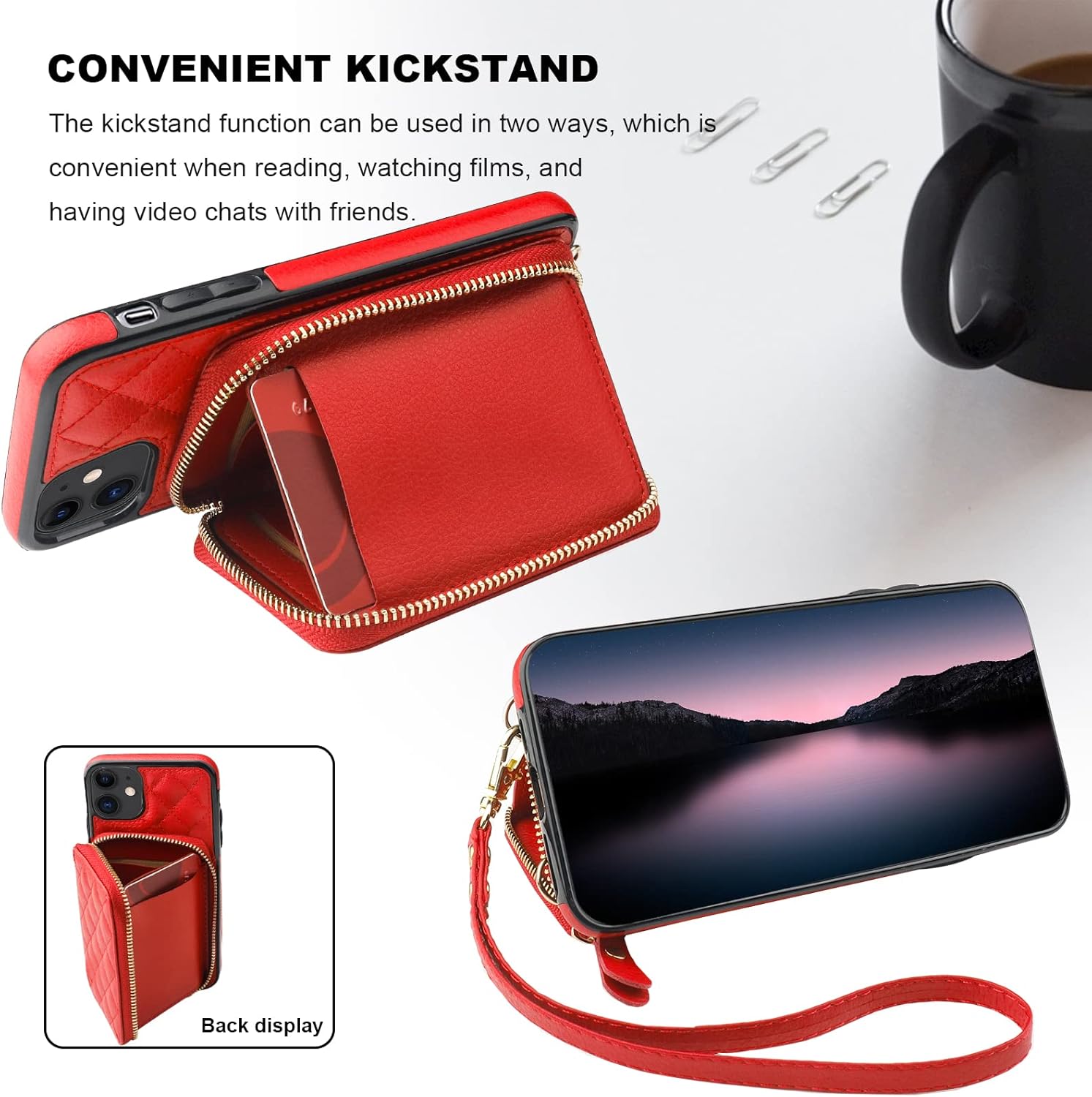 Bocasal Crossbody Wallet Case for iPhone 11, RFID Blocking PU Leather Zipper Handbag Purse Flip Cover, Kickstand Folio Case with Card Slots Holder Wrist Strap Lanyard 6.1 Inch (Red)