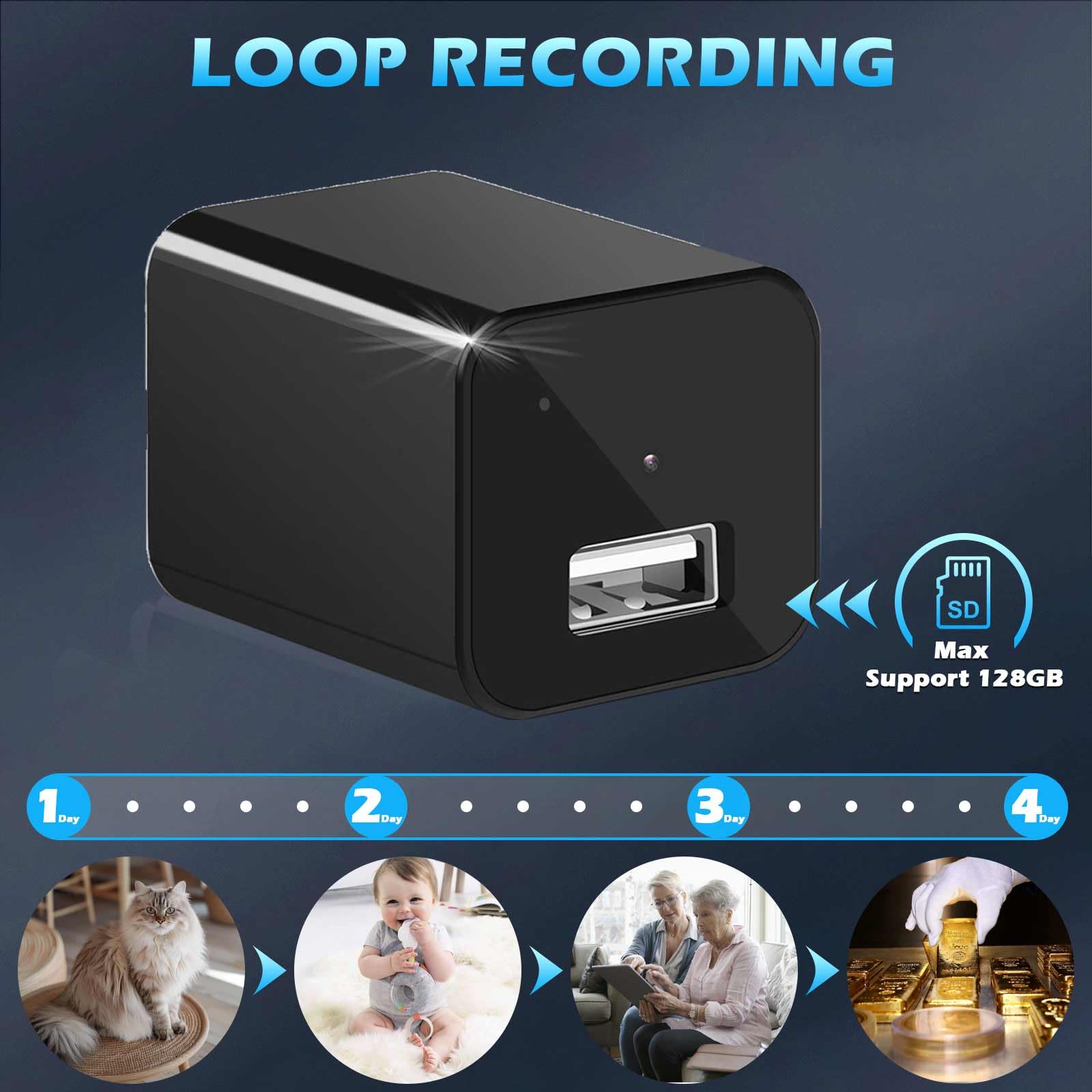 Überwachungskamera HD 1080P Sicherheitskamera Mini Kamera mit USB | Kleine Nanny-Kamera mit Bewegungserkennung, Aufnahmeschleife Videorecorder für Innen/Home/Büro Sicherheit, Ohne WLAN