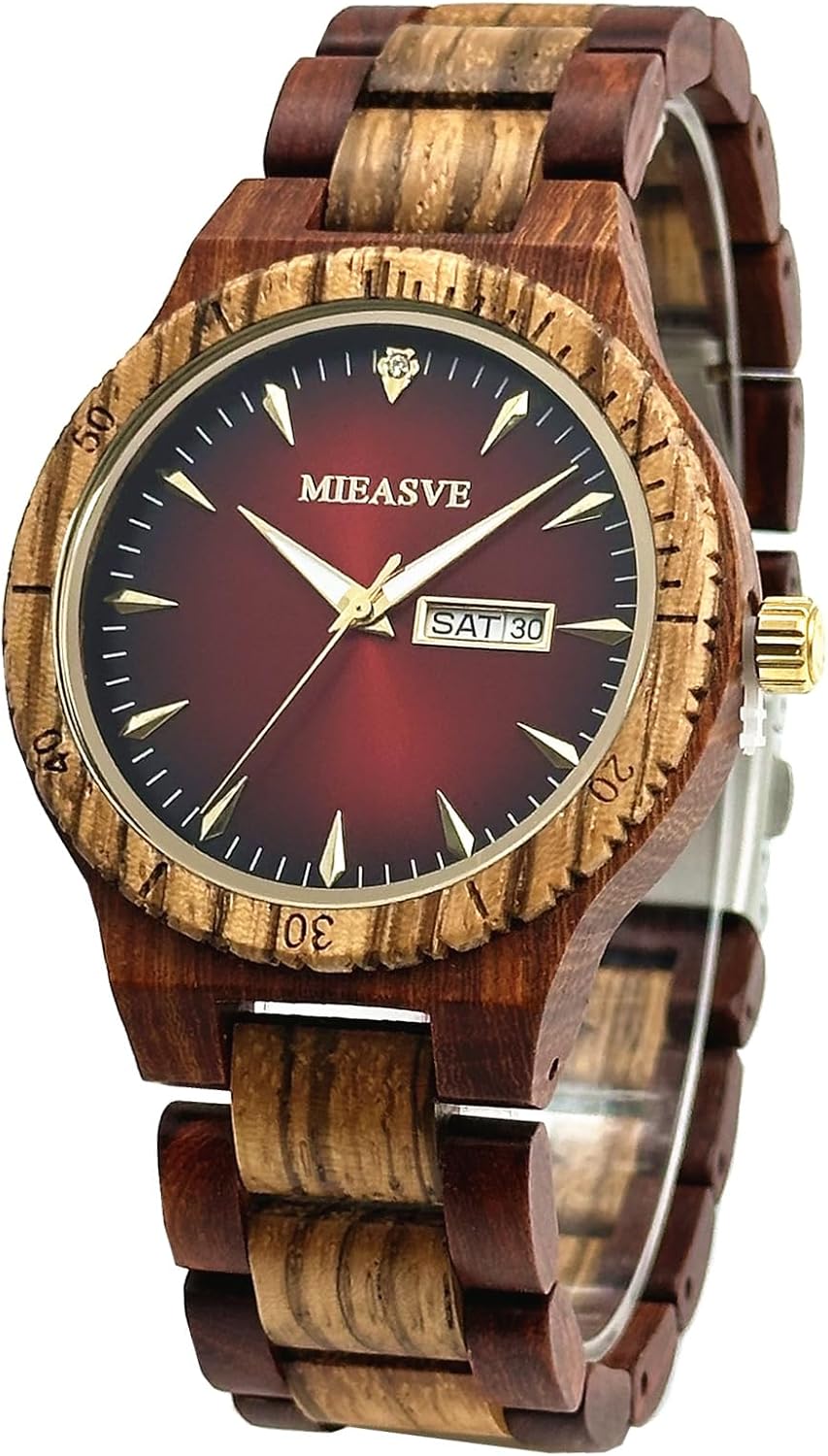 Men's Wood Watches Quartz Wooden Watch Japanese Movement Calendar Display Diameter 42 mm