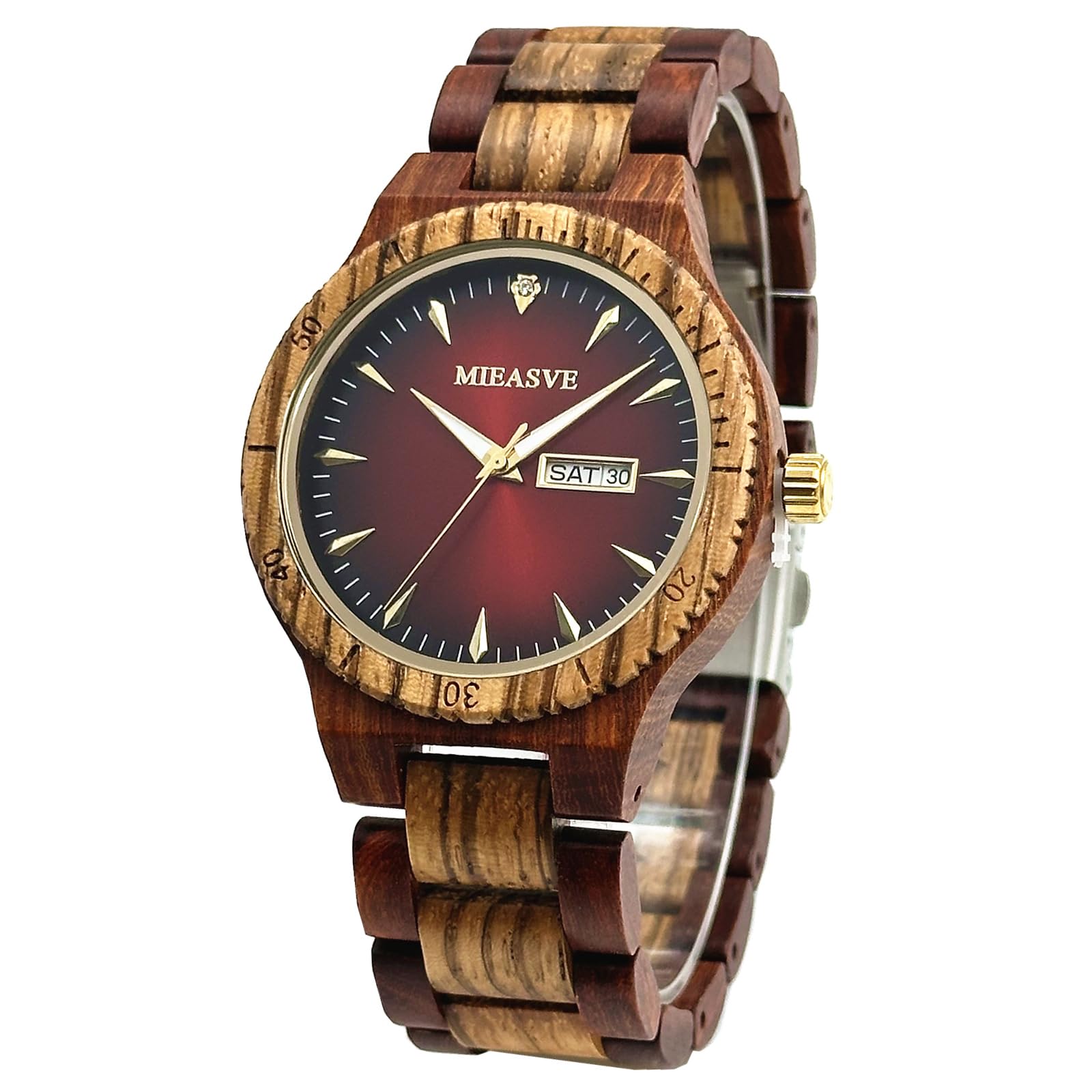 Relojes de madera hechos a mano para hombre, esfera roja, ligero, analógico, de cuarzo, correa ajustable
