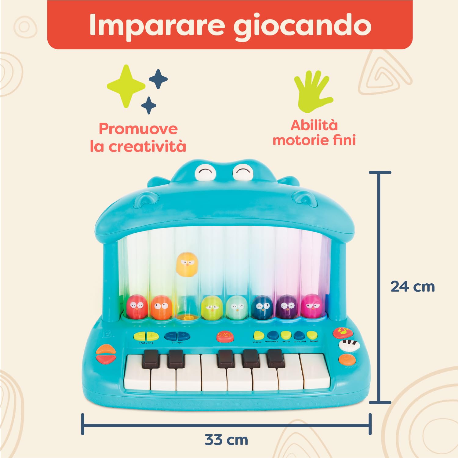 B. toys - Ippopotamo Pop - Tastiera giocattolo - Suonare il pianoforte - Canzoni, suoni e luci - Strumento musicale per bambini e ragazzi - 12 mesi +