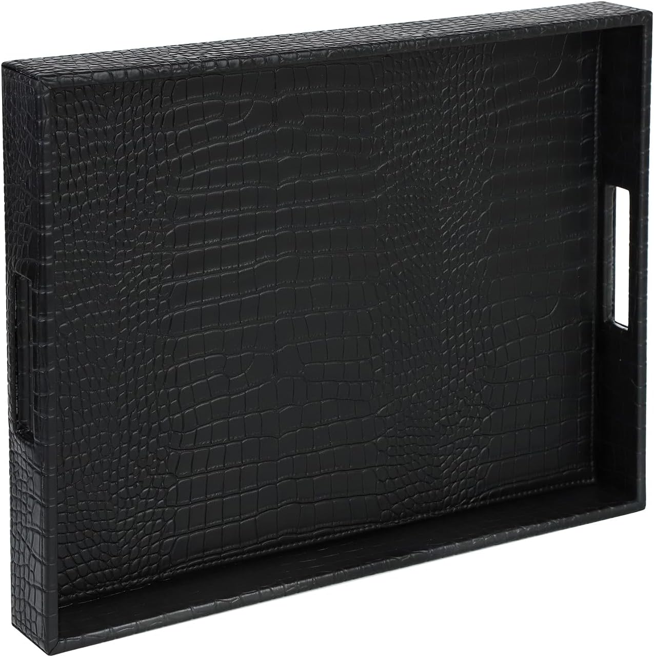 HofferRuffer Rectangle Serving Tray with Hole Handles for Coffee Table, Breakfast, Tea, Food, Butler - Countertop, Kitchen, Vanity Serve Tray, 16.2 x 12.2 x 2 inches, Faux Leather (Black Croco)