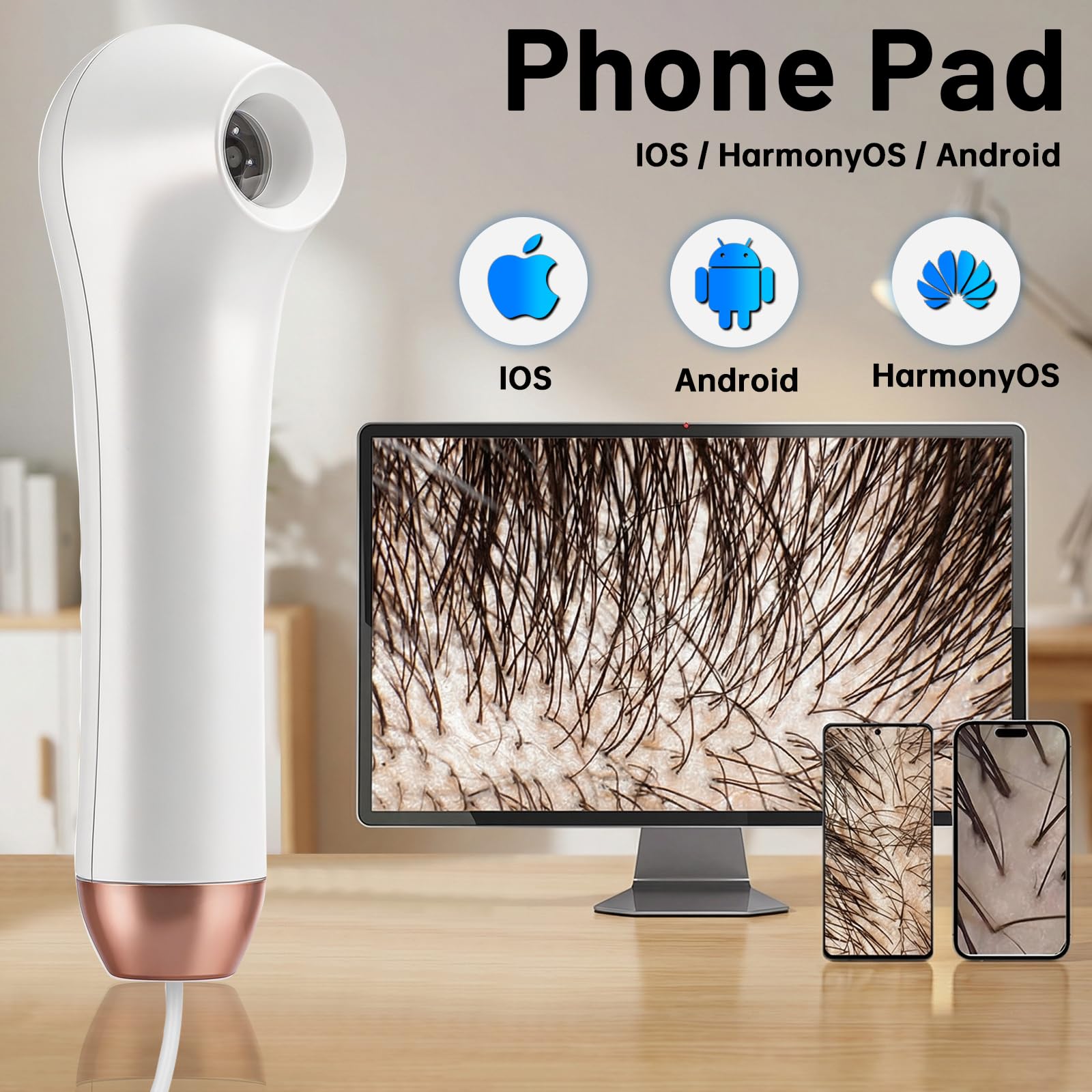 Machine d'analyse portable du cuir chevelu, 3 vitesses, 1 mégapixel, microscope du cuir chevelu, rechargeable pour follicule pileux, détecteur de grossissement d'humidité, test de pigment pour la tête
