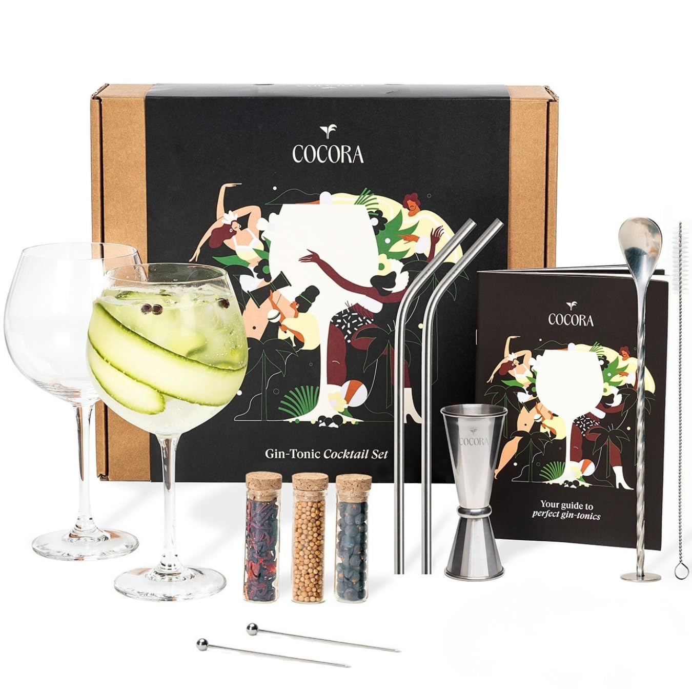 Cocora Gin Tonic Gift Set - 10-Piece Cocktail Set - including Gin Tonic Glasses, Herbs & Recipe Book - Luxury Gift Wrapping