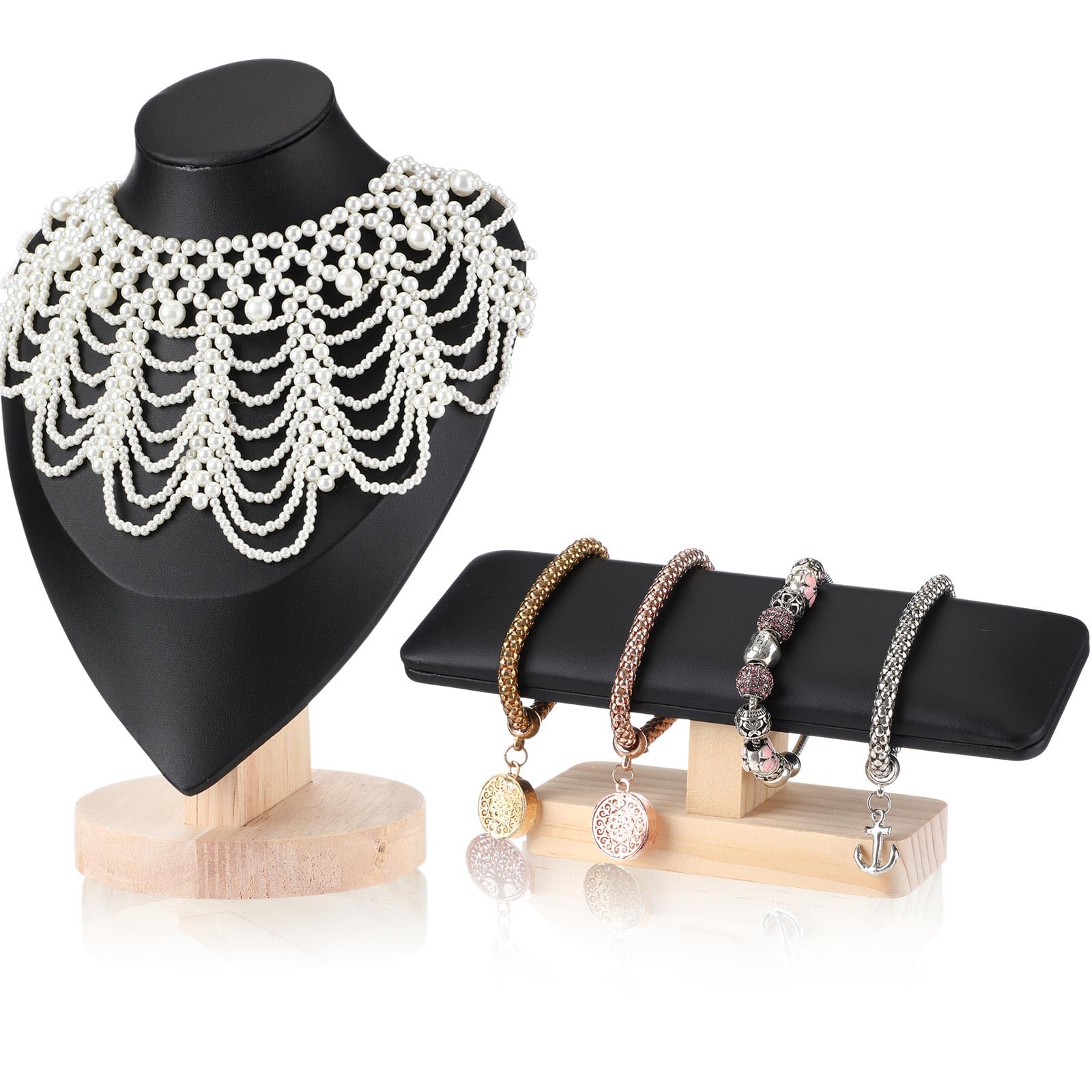 2 Pcs Jewelry Display Stand Set Velvet Jewelry Bust Display Stand and T Bar Bracelet Holder for Necklaces Bracelets Chains Retail Boutique Shops Selling (Black)