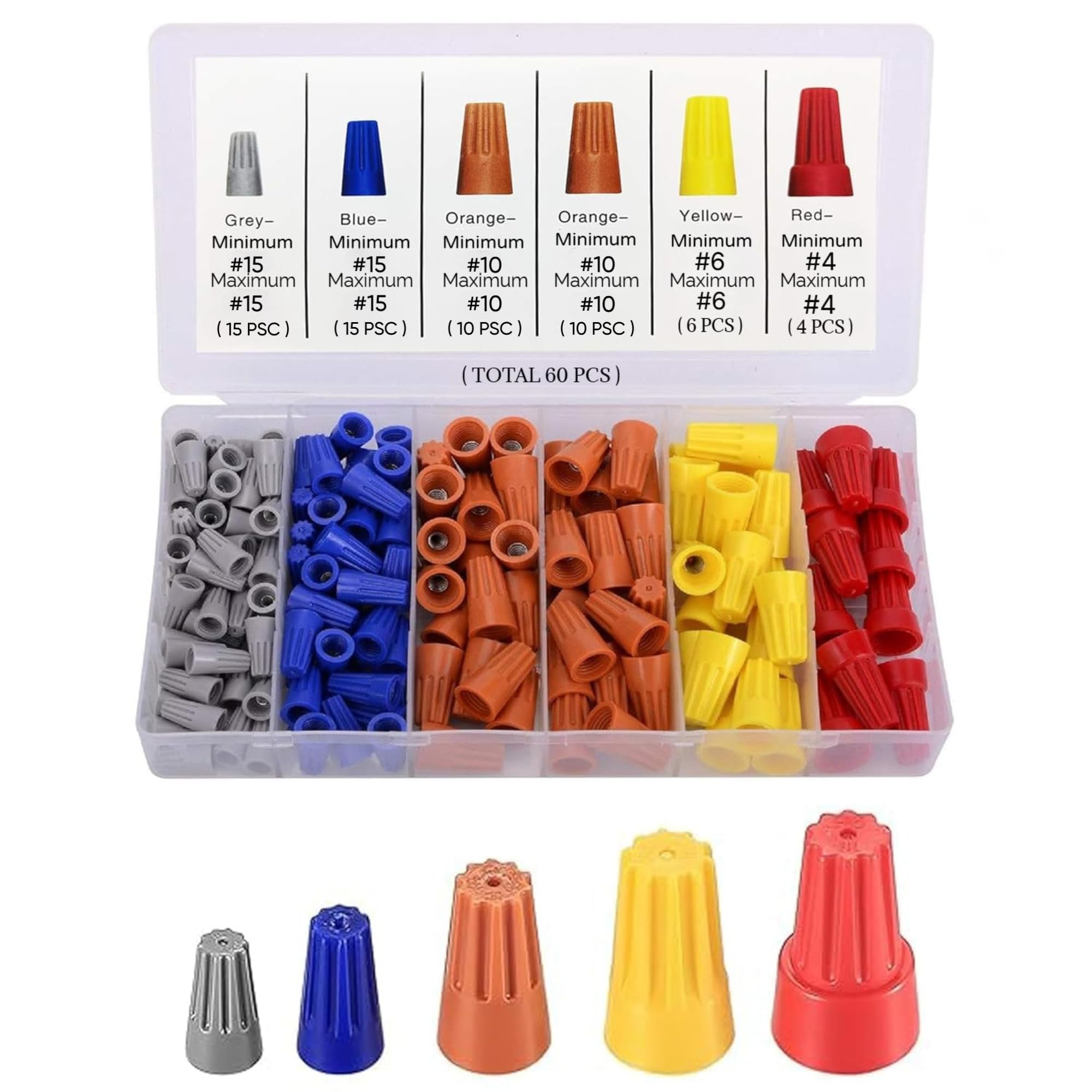 VernoCraft Twist Wire Connectors With Spring | Assorted Electrical Screw Caps For Secure Wiring | 6 Multi Sizes Insulating Wire Caps (Pack Of 60)-image-33