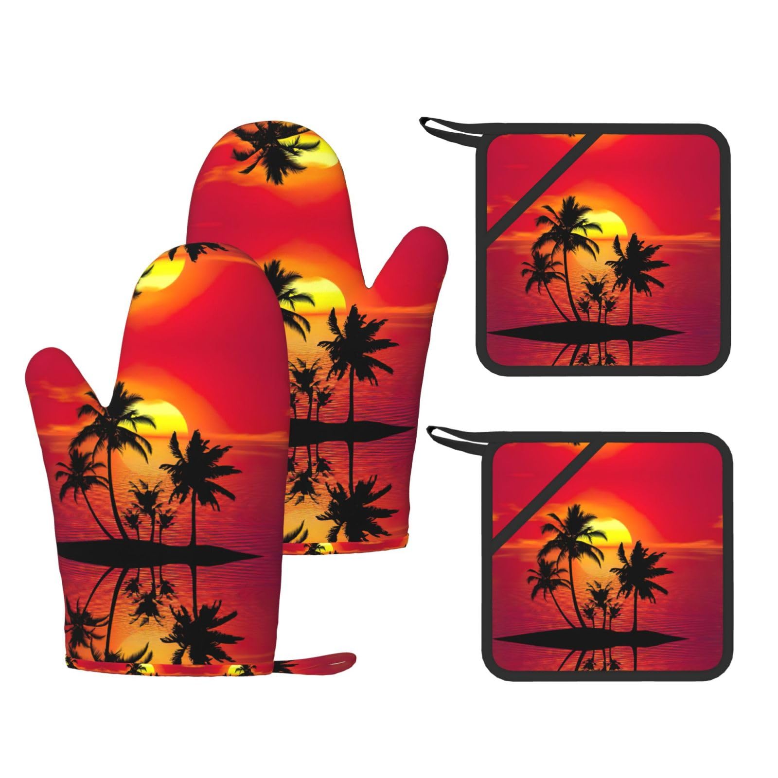 Tropical Sunset Printed Pot Holders and Oven Mitts 4-Piece, Non-Slip Kitchen Gloves with Utensil Pocket for BBQ