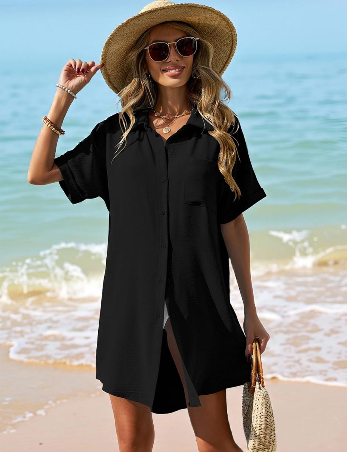 Halife Womens Swimsuit Coverup Shirt Dress Button Down Bathing Suit Cover Up Summer Beach Cover Ups Dresses