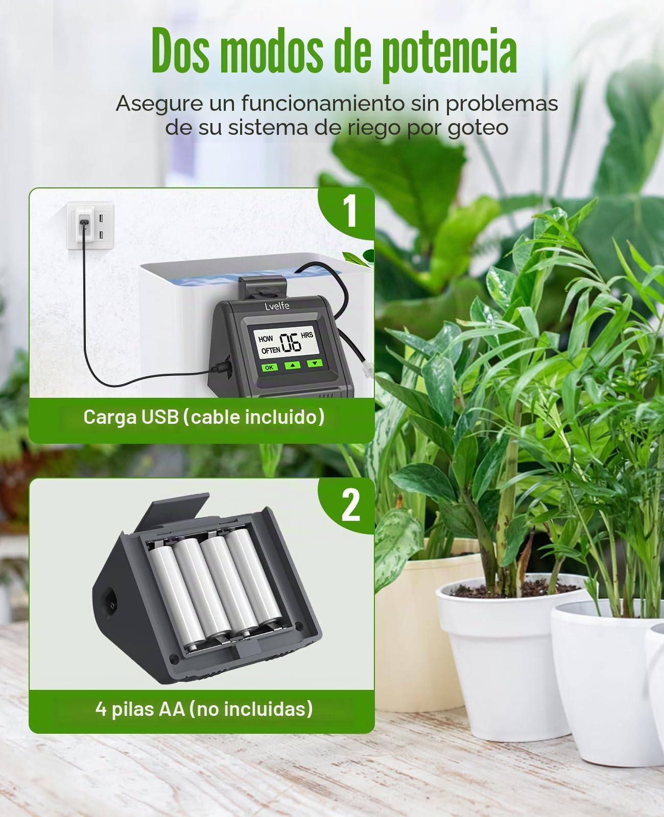 Lvelfe Sistema de riego automático fiable,kit de riego por goteo automático, pantalla LED y alimentación USB,sistema de riego de interior para plantas en maceta