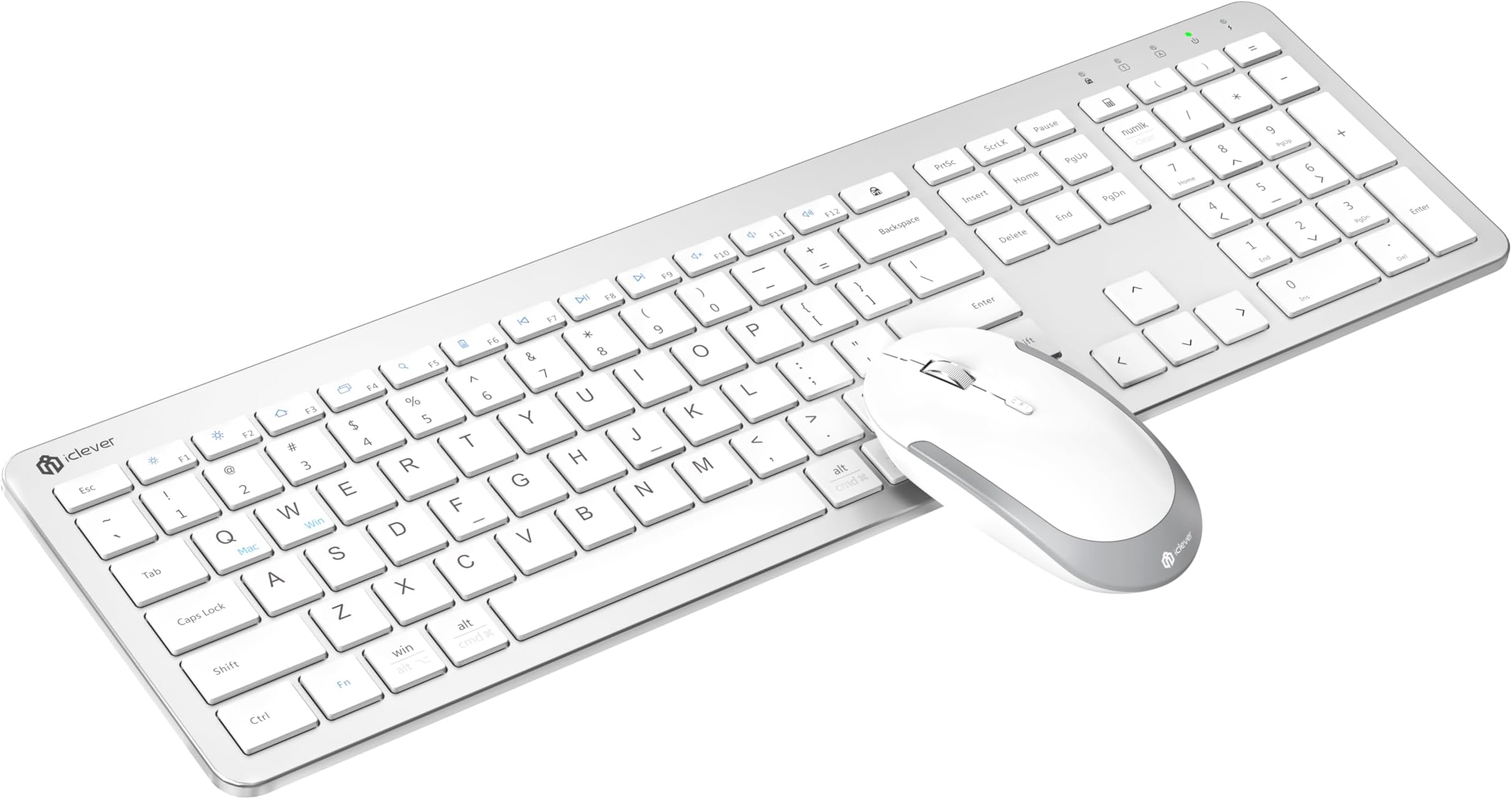 iClever GK08 Wireless Keyboard and Mouse Combo - Full-Size Ergonomic Keyboard with Number Pad, 2.4G USB, Quiet Click, 3-Level DPI, Rechargeable, Slim Design for Windows/Mac, Silver