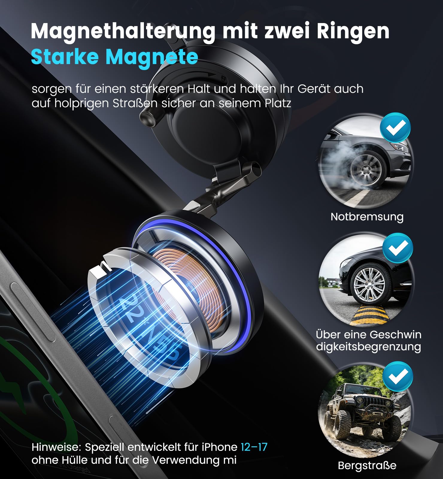 OANDYS für Magsafe Autohalterung 15W Handyhalterung Auto mit ladefunktion,magnetische Autohalterung stärkste Vakuum Saugnapf,stärkster Magnet,360°Drehbar Kfz für iPhone 17–12 Pro Max Plus Air Serie