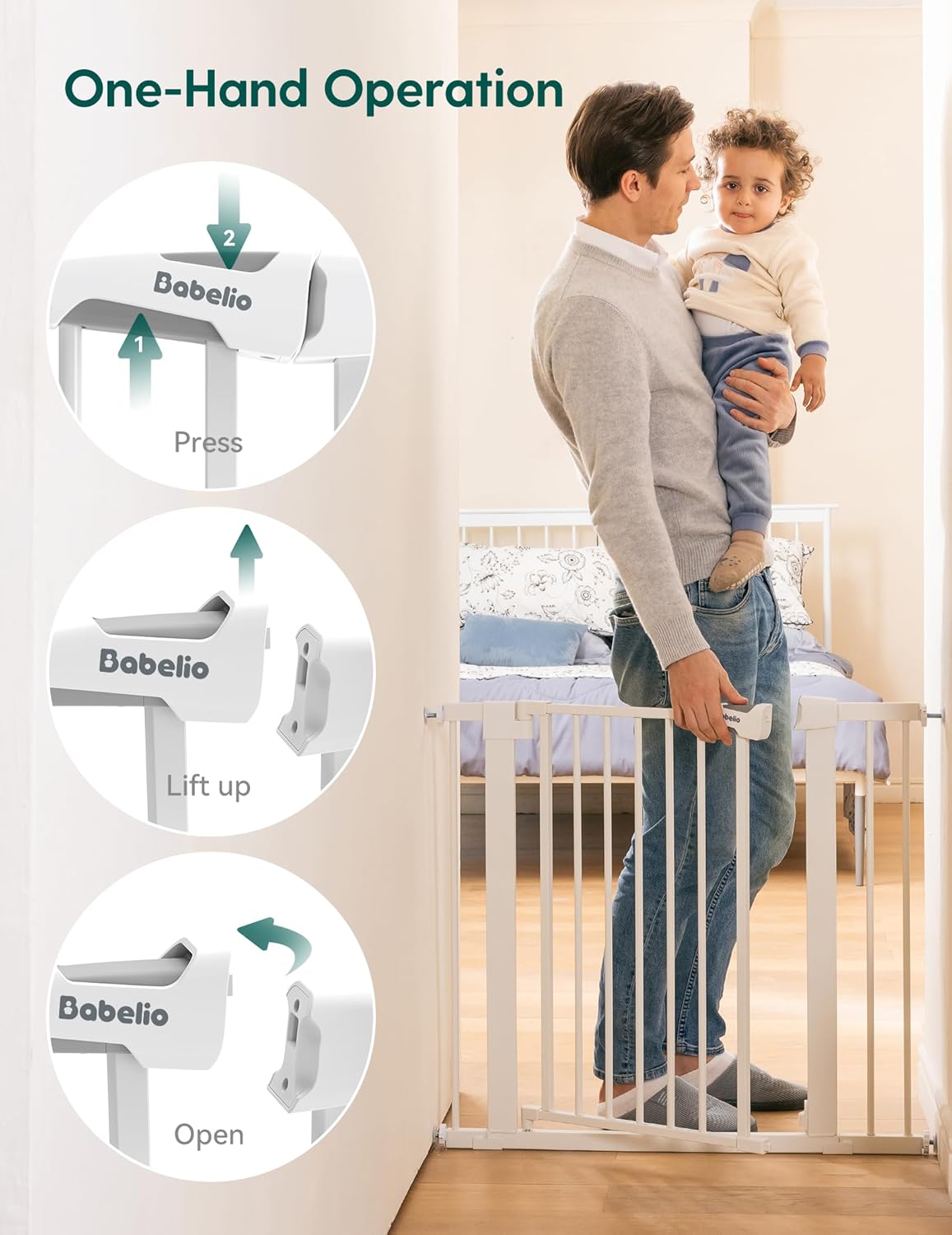 BABELIO 36 Tall Dog Gate PressGuard C5, 26-40 Wide Auto Close Baby Gate, Pressure Mounted Metal Pet Gate, Easy Install No Drilling, No Tools Needed, with Wall Protectors and Extension Kits, White