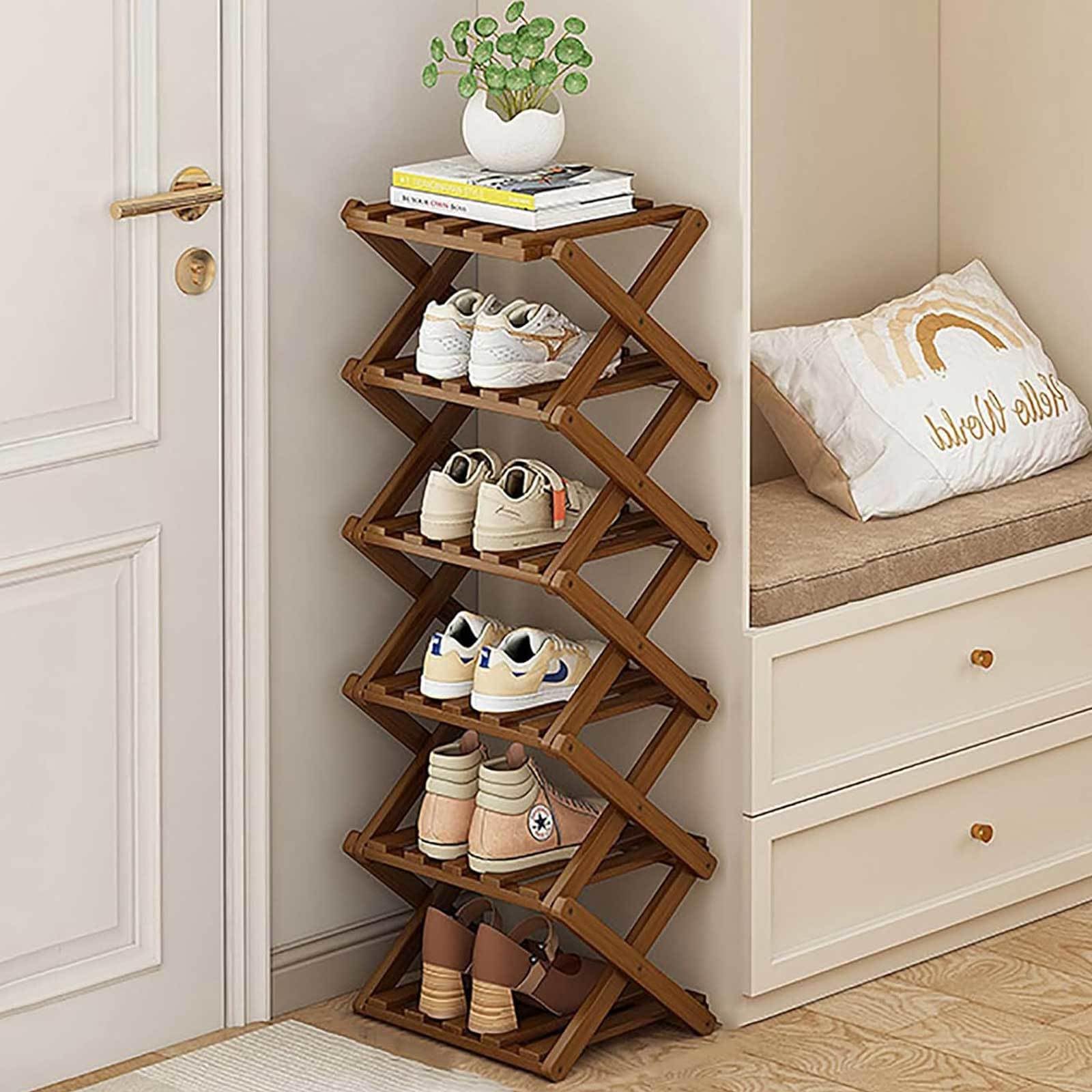 Étagère à chaussures en bambou pliable couleur noyer pour l'entrée et le couloir