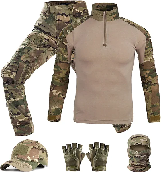 SANYETS Combat Uniform,Tactical Long Sleeve Shirt and Pants, Cap Gloves Balaclava Set,Camo Suits Paintball Clothing for Men