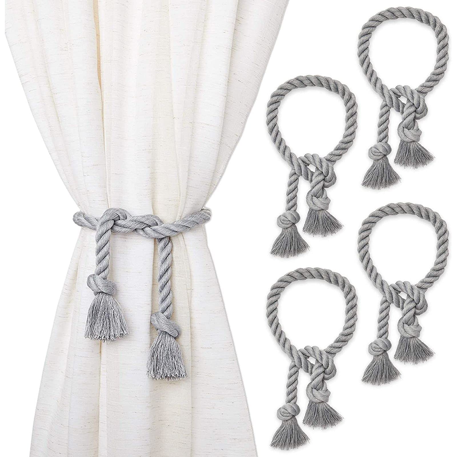 Juvale Grey Rope Curtain Tiebacks, Holdbacks for Drapes (29 Inches, 4 Pack)