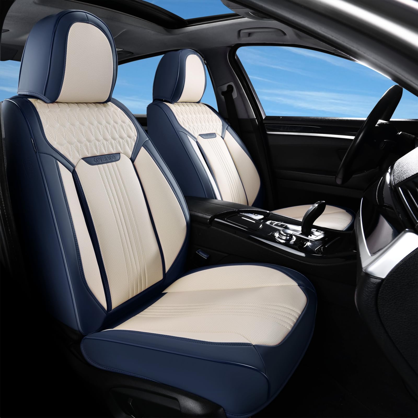 Coverado Leather Seat Covers, Front Car Seat Covers 2 Packs, Universal Driver Seat Cover for Cars, Waterproof Car Seat Protectors, Leatherette Seat Cushions Fit for Most Sedans SUV Truck, Blue & White